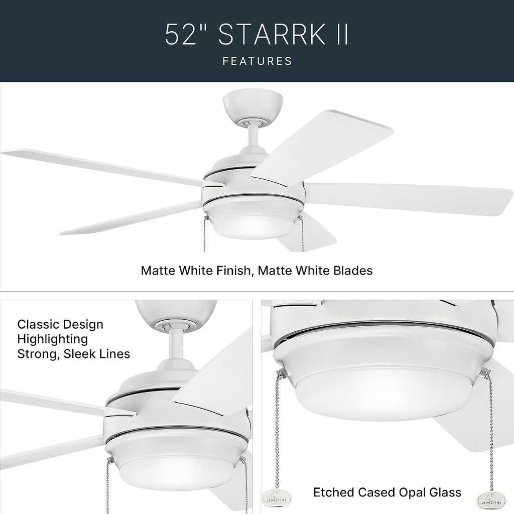 Kichler Starkk 52 in LED Ceiling Fan with Light, 5 Blade Modern White Ceiling Fan with Integrated LED Light and Downrod for Bedroom, Living Room, Kitchen, Dining Room, 330174MWH