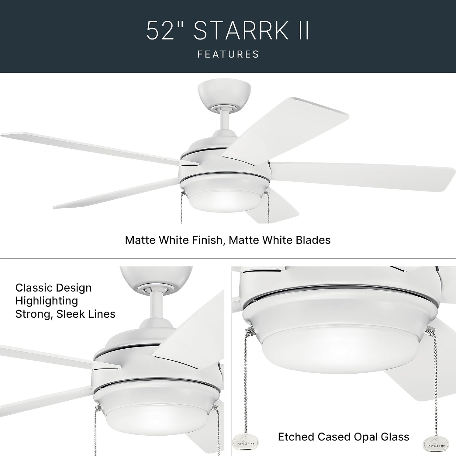 Kichler Starkk 52 in LED Ceiling Fan with Light, 5 Blade Modern White Ceiling Fan with Integrated LED Light and Downrod for Bedroom, Living Room, Kitchen, Dining Room, 330174MWH