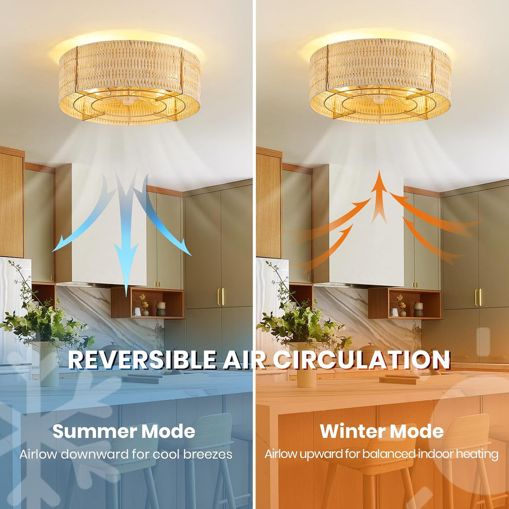 Boho Ceiling Fan with Light, Rattan Fandelier Flush Mount with Remote, Reversible Motor, Enclosed Low Profile Wicker Cage,Farmhouse Caged Ceiling Fans for Bedroom, Living Room, Kitchen
