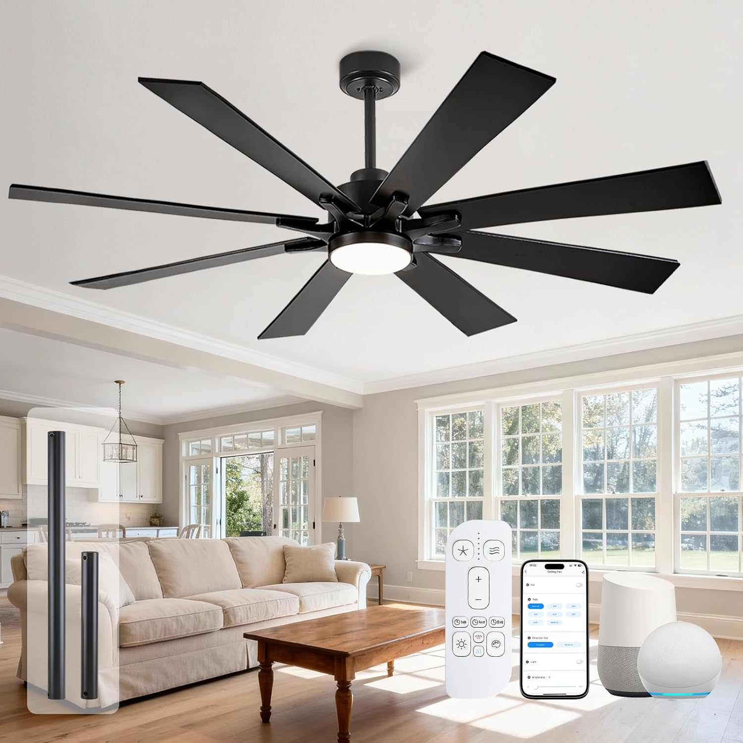 62 Inch Black Ceiling Fan with Light and Remote/APP Control, Outdoor Ceiling Fan for Patios, Ultra Quiet DC Reversible Motor, 6 Speed, Dual Finish 8 Blades Ceiling Fans for Indoor Exterior