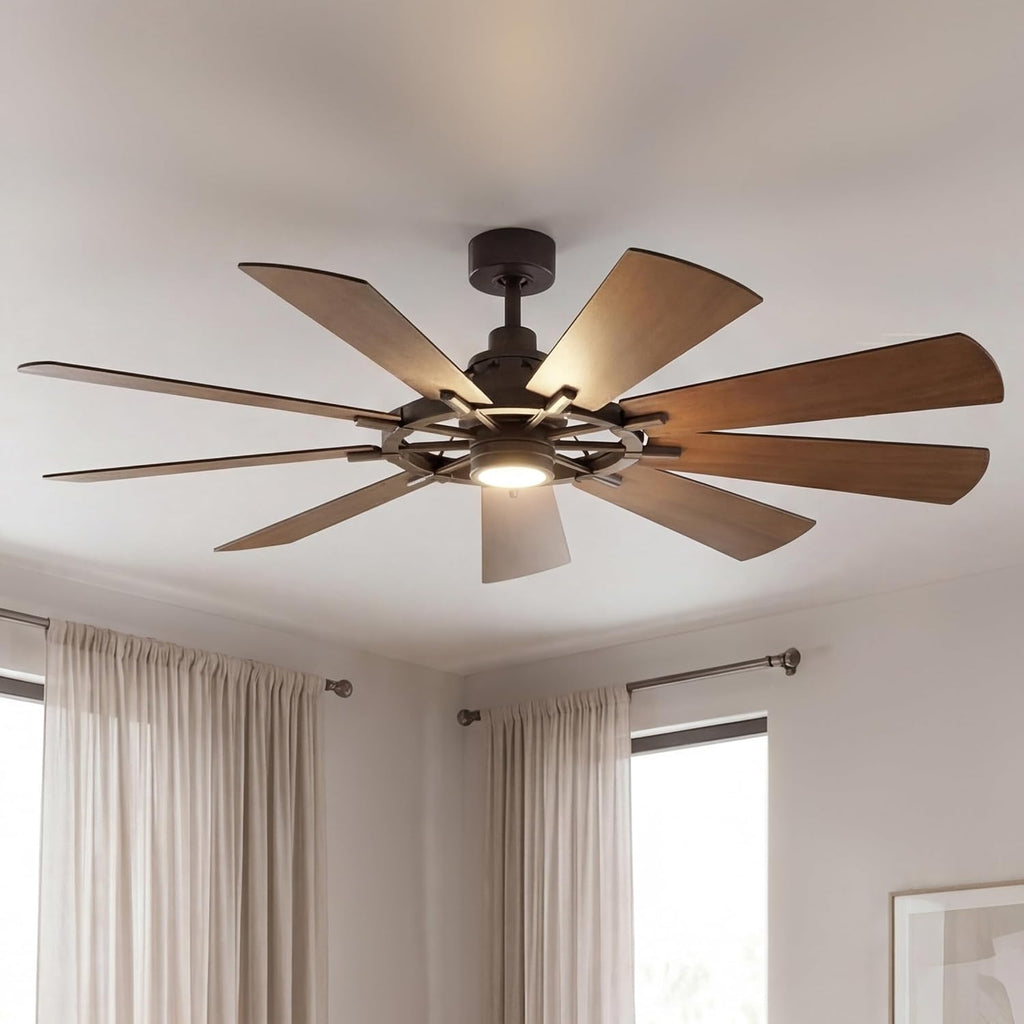 Kichler Gentry XL 65' Ceiling Fan with Lights, 1-Light LED, 3000K, 9-Blade Modern Industrial Fan for Bedroom in Anvil Iron, (65' W x 16.5' H), 300265AVI