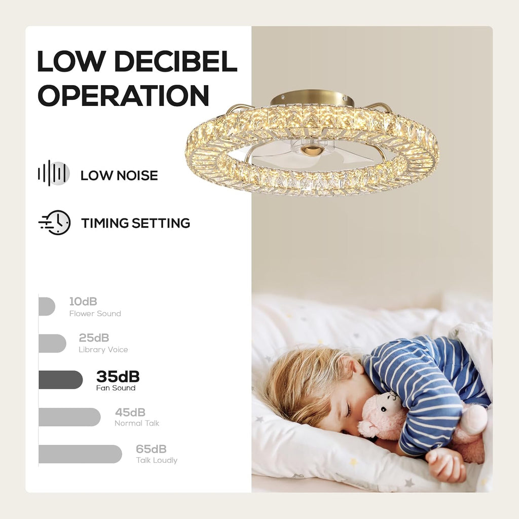 22' Low Profile Flush Mount Ceiling Fan, Ceiling Fan with Light and Remote, Dimmable Fandelier with Crystal Lampshade, Bladeless Enclosed Fan Light-Gold