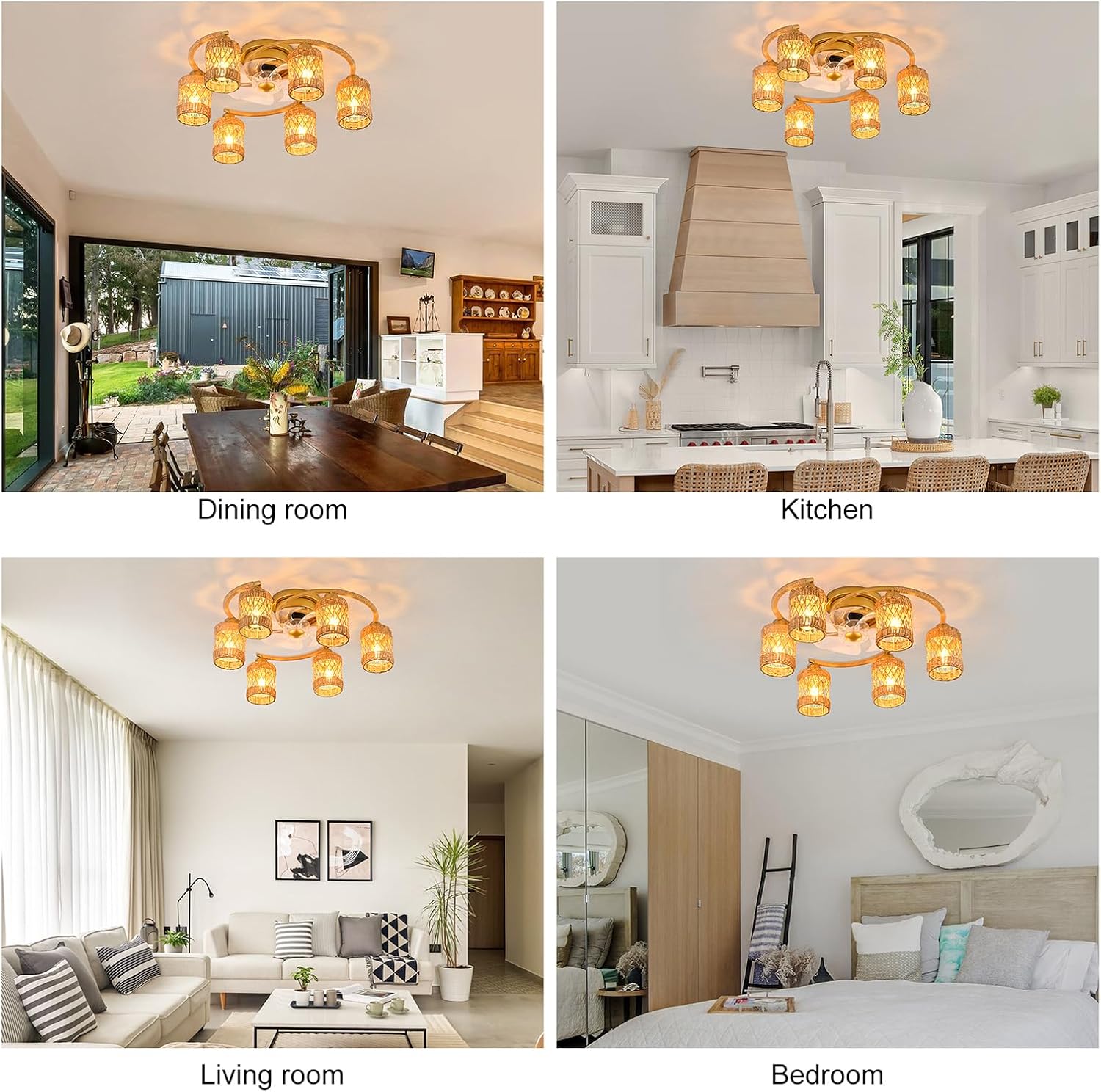 Qcyuui Rattan Boho Ceiling Fan with Light,26.4'' Ceiling Fans with Lights and Remote Low Profile Ceiling Fan with Light with Reversible 6 Speeds for Kitchen Living Room Bedroom,E26 Base (Gold)