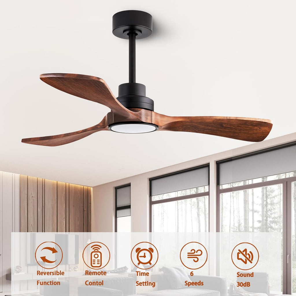 42-inch Ceiling Fan Light with Remote Control, Featuring 3 Wooden Blades, Reversible DC Motor, Timer Function, and 6-Speed Adjustment Suitable for Offices and bedrooms. Black + Walnut Color.