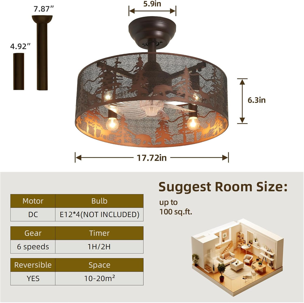 Rustic Farmhouse Ceiling Fan with Light and Remote, Brushed Bronze Round Vintage Industrial Metal Fandelier, Bear and Deer Design Rustic Ceiling Fan for Living Room, Bedroom, Cabin