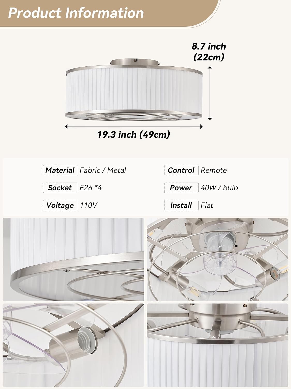 Boho Ceiling Fan with Light Flush Mount, 20' Caged Ceiling Fan with Light Remote Control Silver, Low Profile Ceiling Fans Bladeless Chrome 6 Speeds for Bedroom, Living Room, Nursery