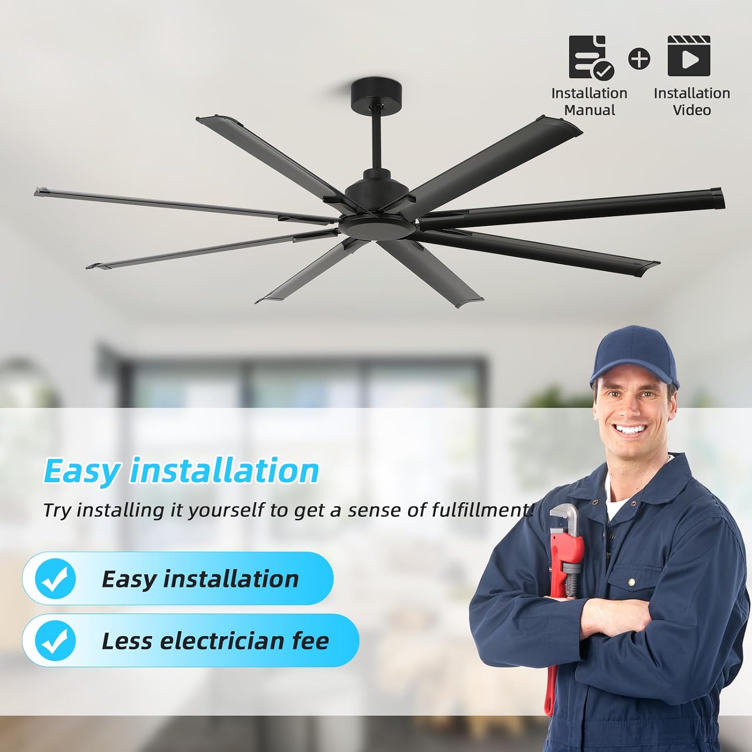 72 Inch Ceiling Fan No Light with Remote Control, 8 Blades Quiet DC Reversible Motor, 6-Speed, Timer, Black, Indoor Outdoor Ceiling Fans for Patios, Living Room, Garage