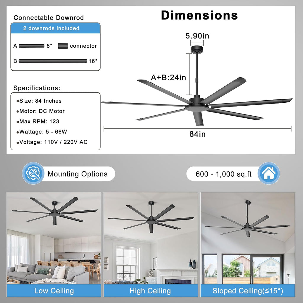 Ohniyou 84'' Ceiling Fan No Light, Black Industrial Ceiling Fan with Remote/APP, Aluminum Blades, 11000 CFM DC Motor for Shop, Warehouse, Garage, Patios
