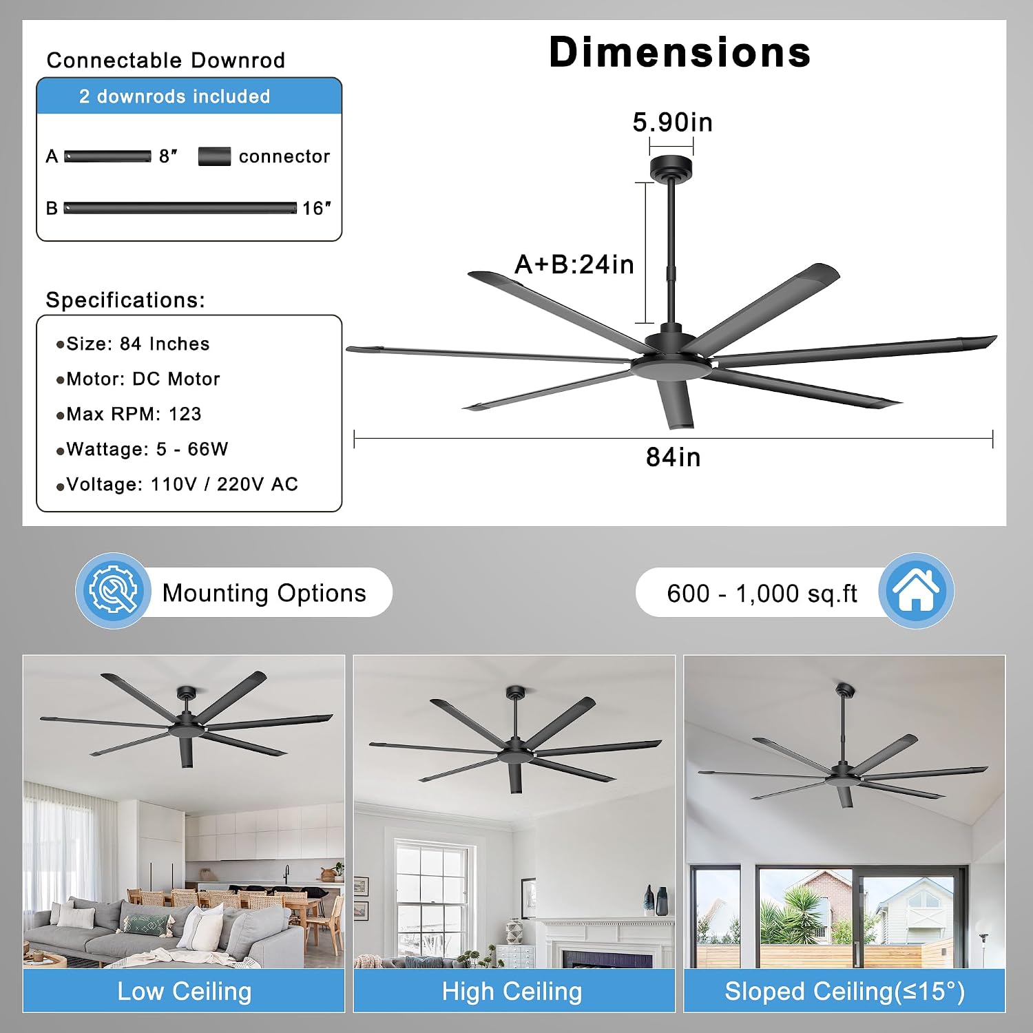 Ohniyou 84'' Ceiling Fan No Light, Black Industrial Ceiling Fan with Remote/APP, Aluminum Blades, 11000 CFM DC Motor for Shop, Warehouse, Garage, Patios