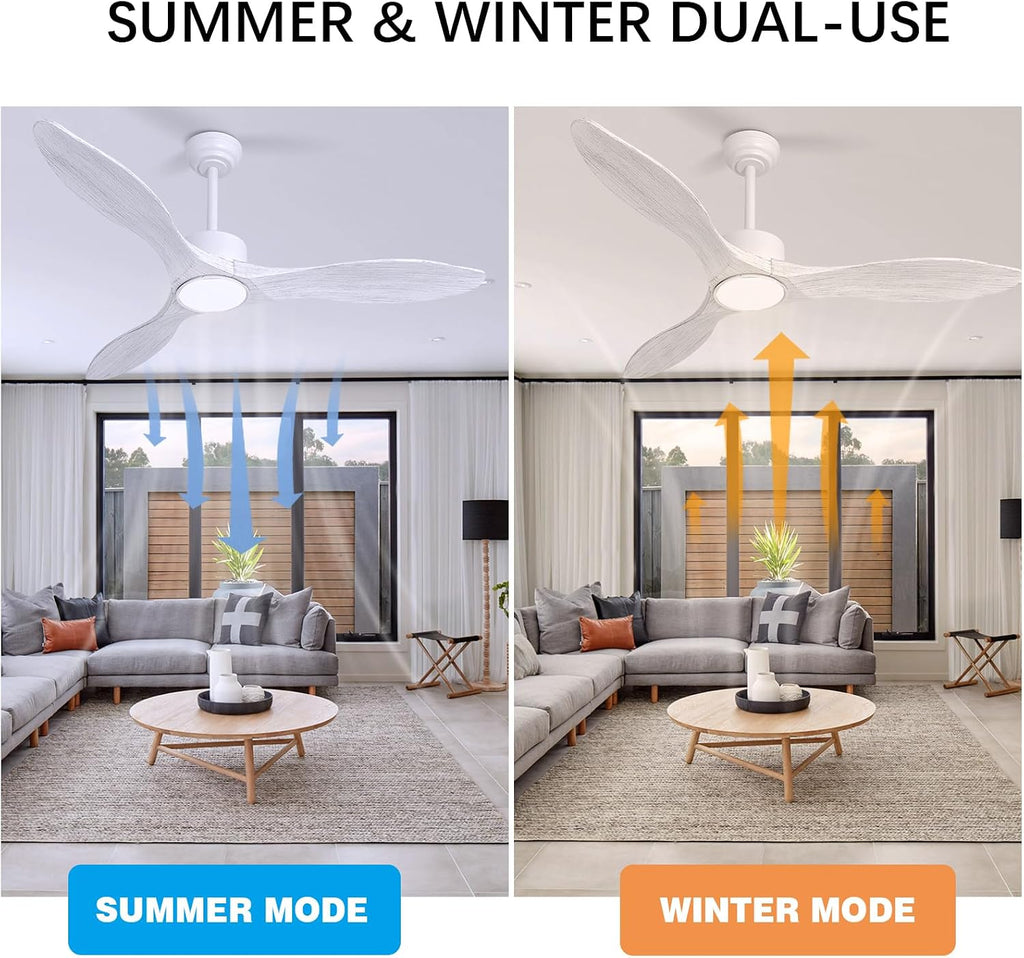 52 Inch White Ceiling Fan with Lights and Remote, Retro White Wood Low Profile Flush Mount Modern Ceiling Fan for Indoor Farmhouse Bedroom Living Room Outdoor Patio Porch, Reversible DC Motor