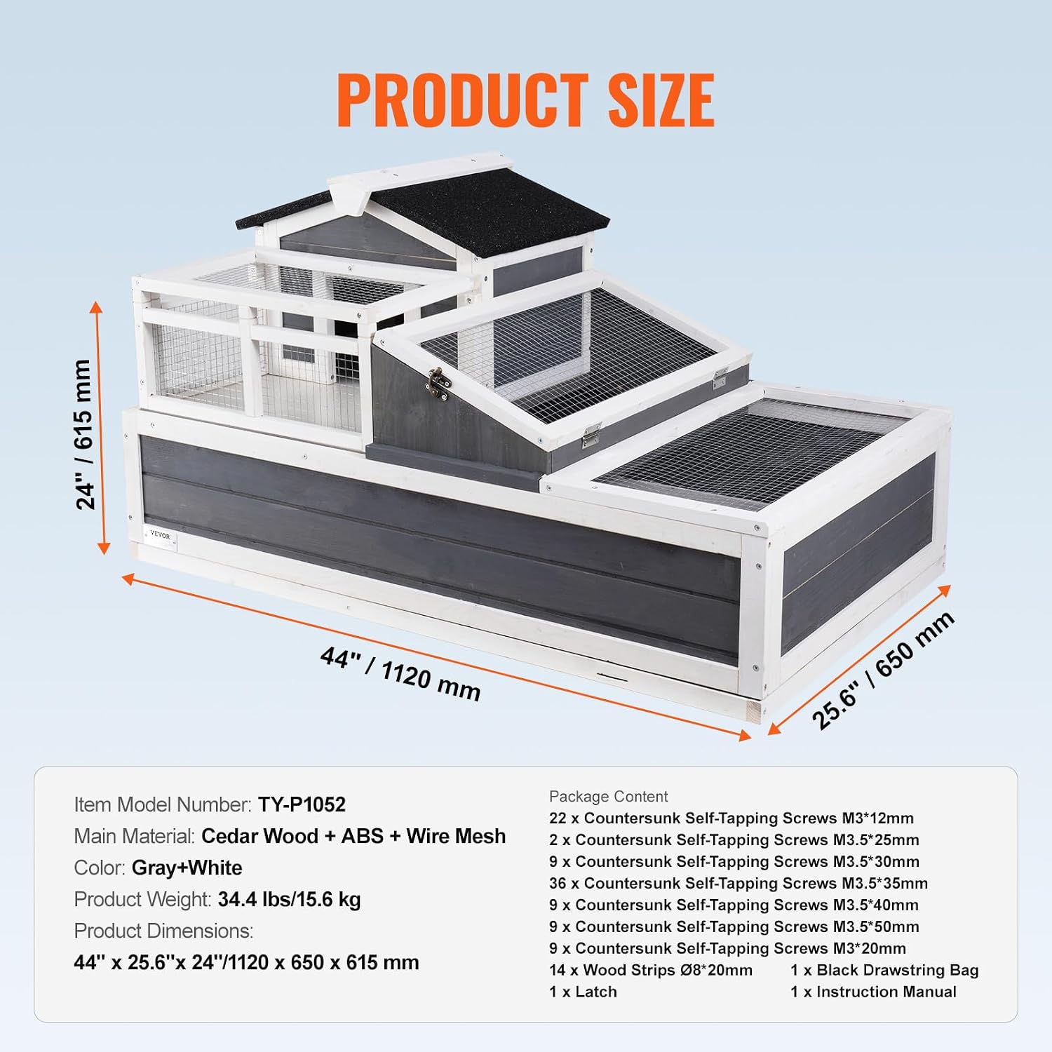 VEVOR 3-Room Tortoise House,Tortoise Habitat with Balcony & 2 Stories, Wooden Tortoise Enclosure Indoor & Outdoor with Ramp, Tray, Openable Roof, Large Reptile Cage, 44' x 25.6'x 24'