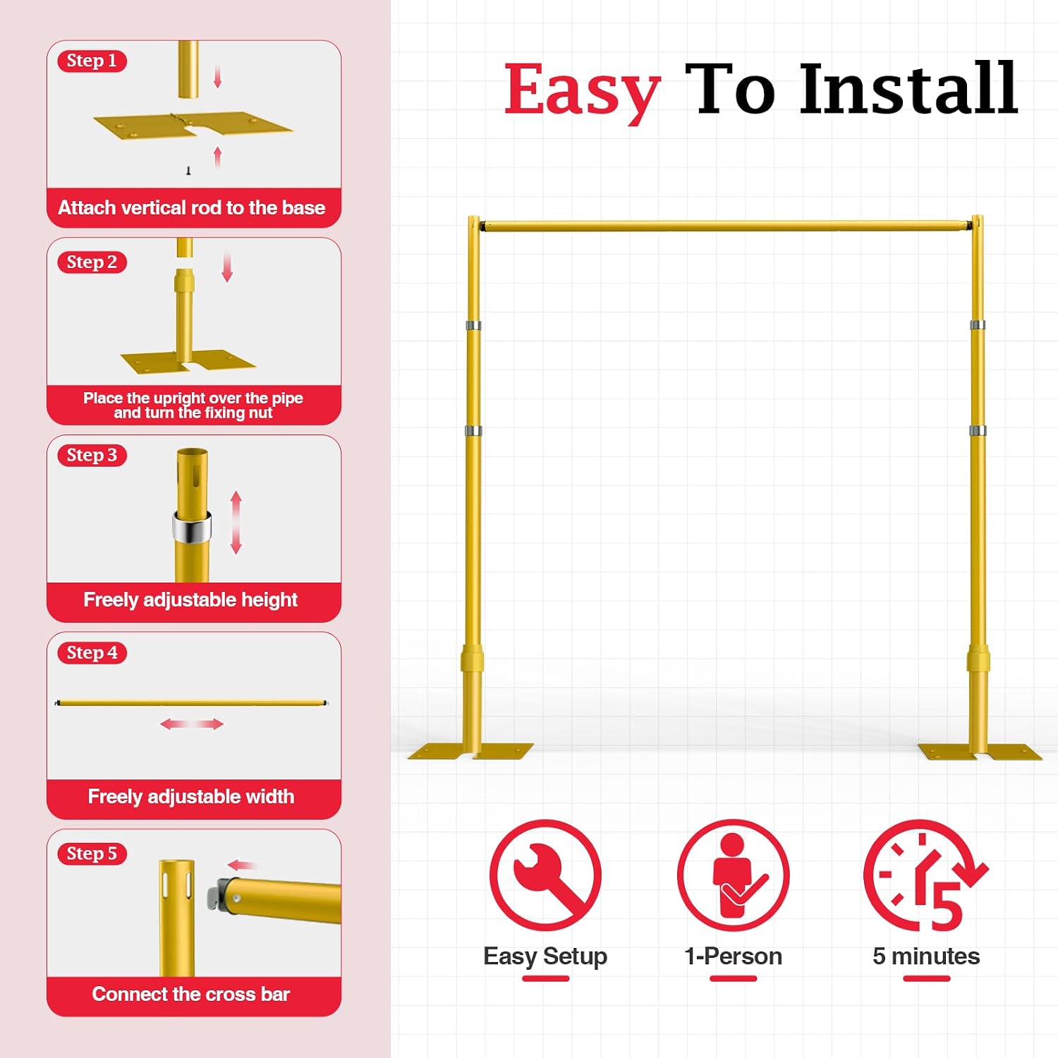 EMART Pipe and Drape Backdrop Stand Kit, 8.9ftx10ft Heavy Duty Adjustable Photo Background, Metal Frame with Flat Base for Wedding, Birthday Party, Banquet Decorations - Gold