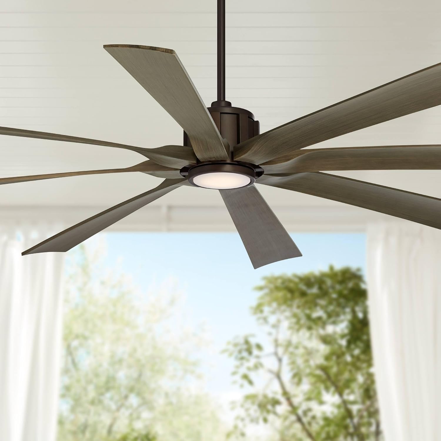 Possini Euro Design 70' Defender Large Farmhouse Rustic Indoor Outdoor Ceiling Fan 8 Blade LED Light Remote Control Oil Rubbed Bronze Motor Oak Finish Blades Bedroom Patio Living Room Damp Rated