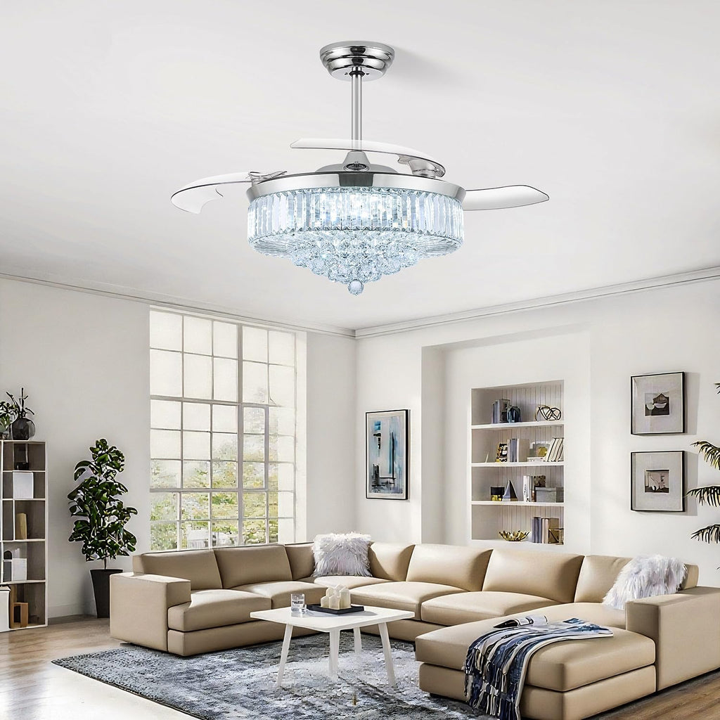 52 Inch Fandelier Ceiling Fan with Light, Retractable Chandelier Fan LED Dimmable Crystal Ceiling Fan for Bedroom Living Room Dining Room-Chrome