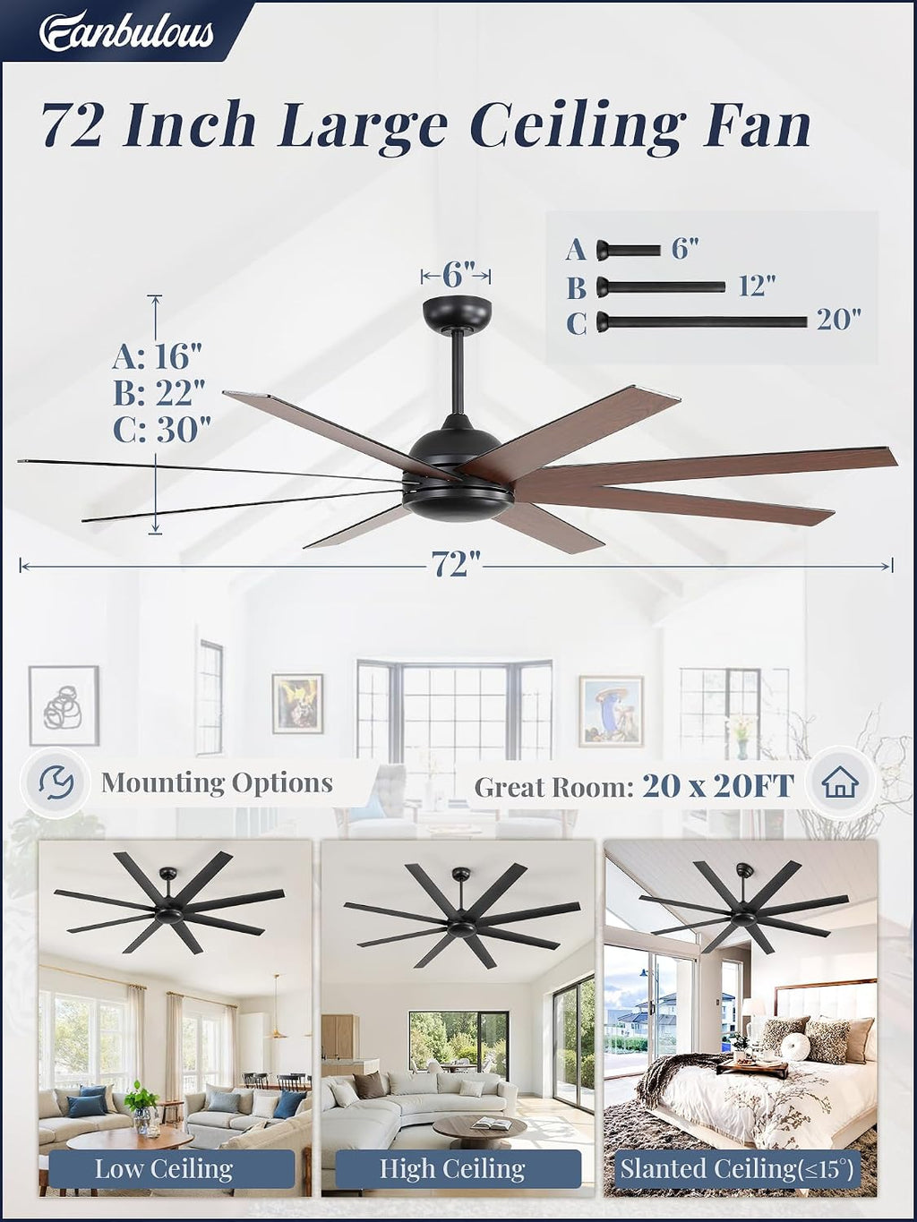 Fanbulous 72 Inch Ceiling Fans No Light with Remote, Black Indoor/Outdoor Ceiling Fan Without Light with Quiet Reversible DC Motor, 6 Speeds, 8 Blades Large Ceiling Fan for Living Room Bedroom Patio