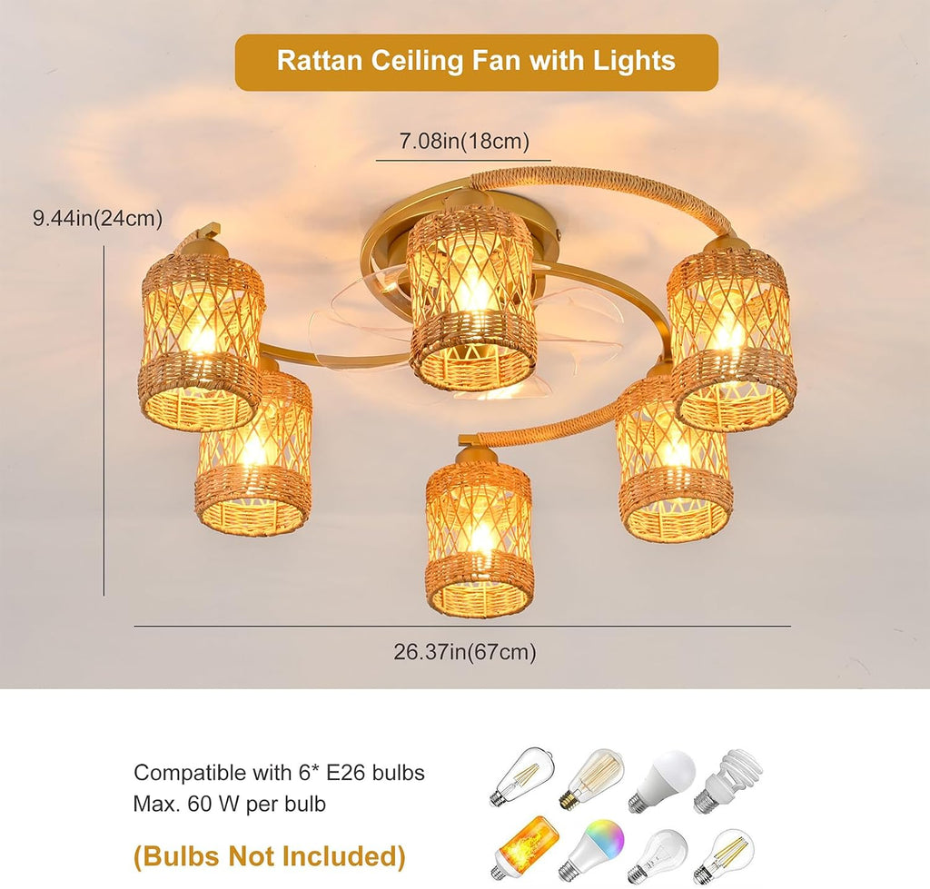 Qcyuui Rattan Boho Ceiling Fan with Light,26.4'' Ceiling Fans with Lights and Remote Low Profile Ceiling Fan with Light with Reversible 6 Speeds for Kitchen Living Room Bedroom,E26 Base (Gold)
