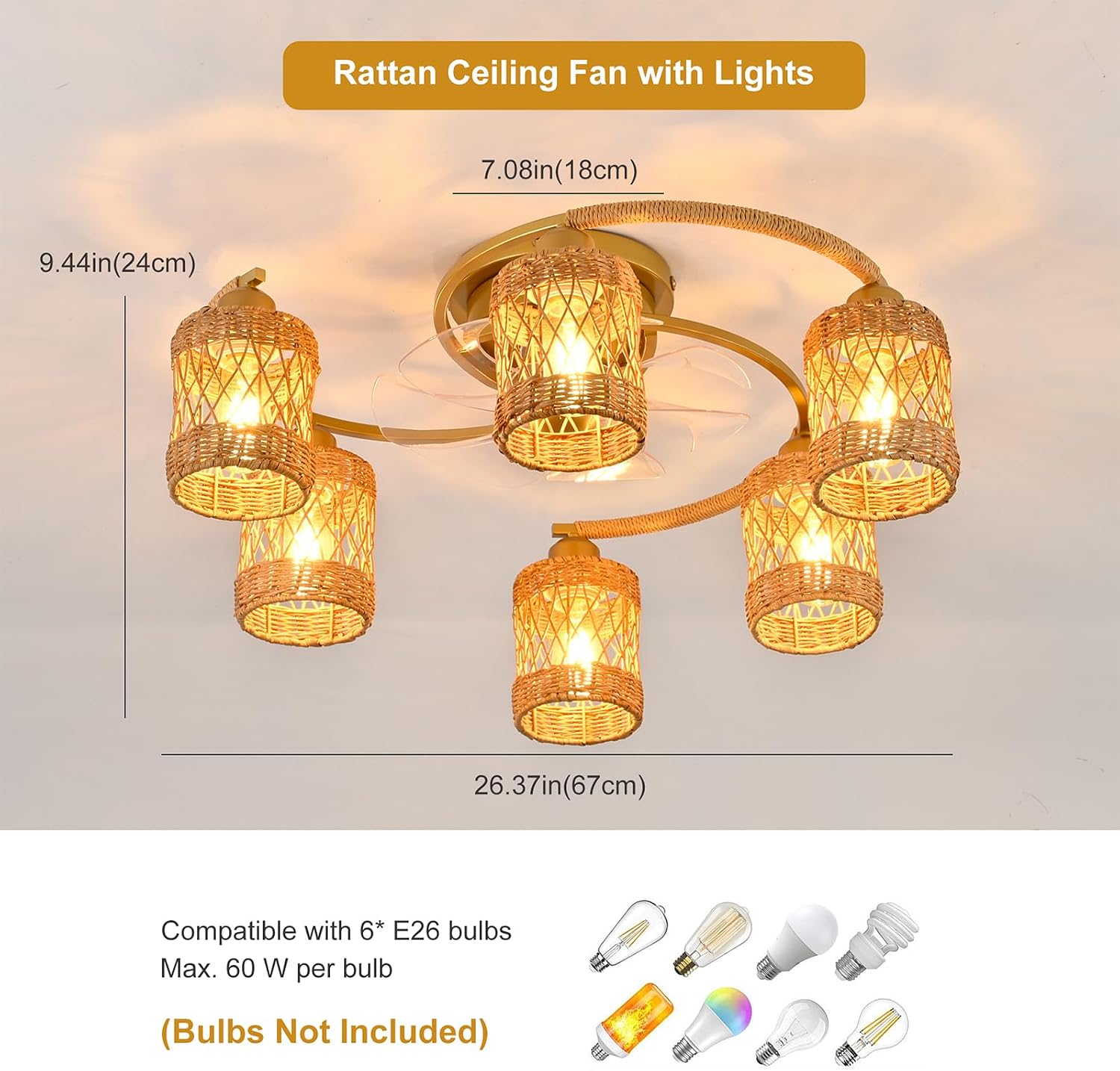 Qcyuui Rattan Boho Ceiling Fan with Light,26.4'' Ceiling Fans with Lights and Remote Low Profile Ceiling Fan with Light with Reversible 6 Speeds for Kitchen Living Room Bedroom,E26 Base (Gold)