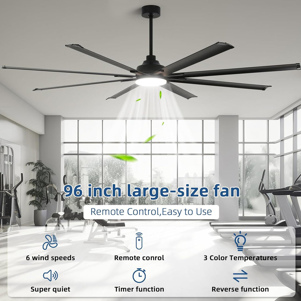 96 Inch Large Industrial Ceiling Fan with Lights, with Reversible Dc Motor, 3 Downrods, 6 Speed Remote Control, 8 Aluminum Blades, Black Outdoor Fans for Shop/Gym/Warehouse/Garage