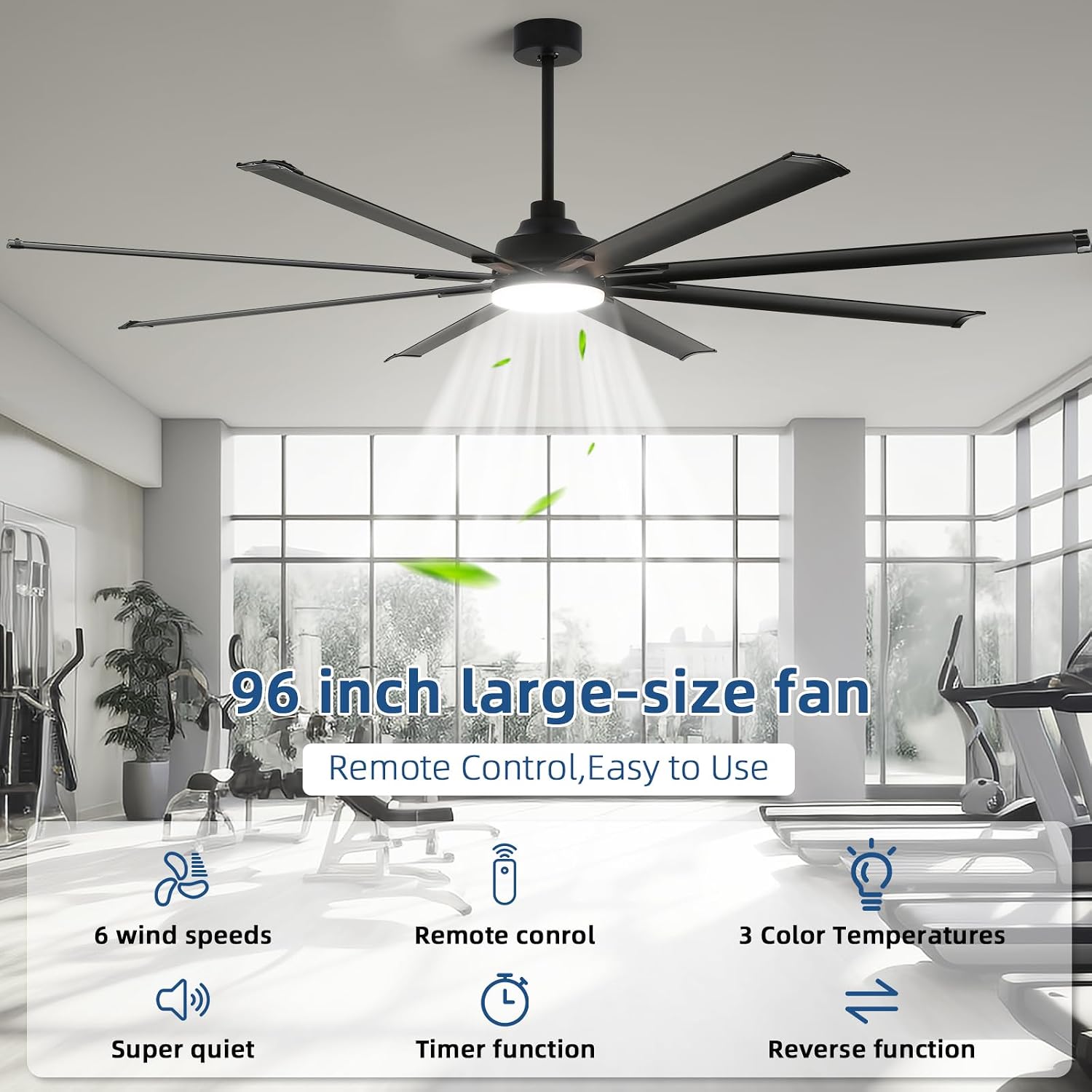 96 Inch Large Industrial Ceiling Fan with Lights, with Reversible Dc Motor, 3 Downrods, 6 Speed Remote Control, 8 Aluminum Blades, Black Outdoor Fans for Shop/Gym/Warehouse/Garage