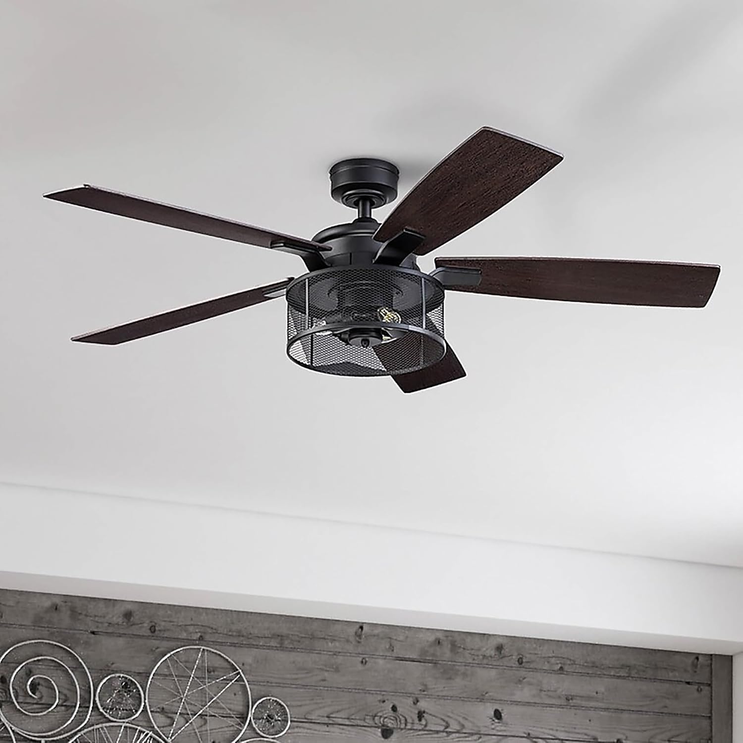 Honeywell Ceiling Fans Carnegie, 52 Inch Industrial LED Ceiling Fan with Light and Remote Control, Dual Mounting Options, Dual Finish Blades, Reversible Motor - 51928-01 - (Matte Black)