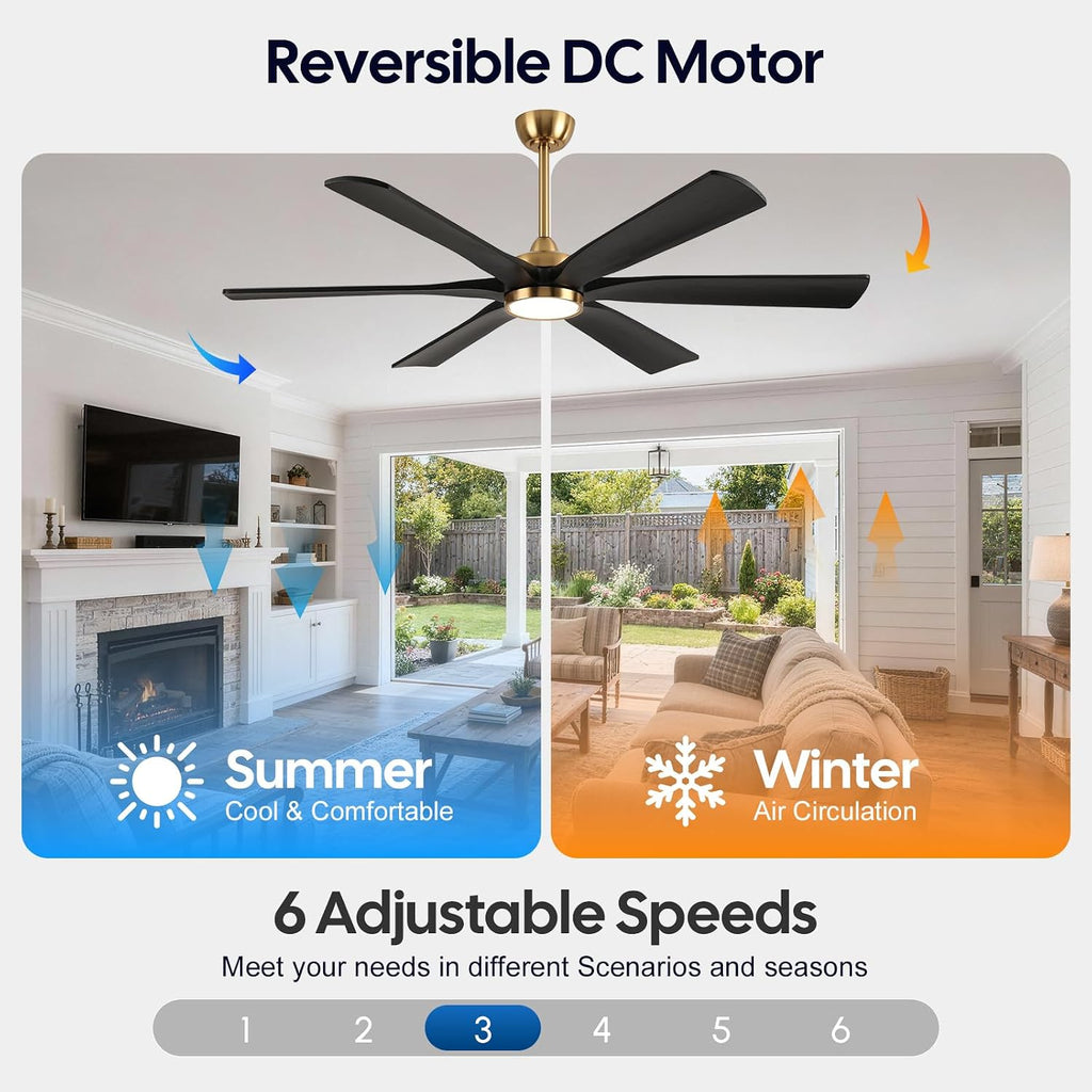 72 Inch Outdoor Ceiling Fan with Light, Black and Gold Modern Smart Fan Alexa/APP/Remote Control, 6 Wood Blades Damp Rated, High CFM Quiet DC Motor, for Indoor Large Living Room Garge Exterior Patio