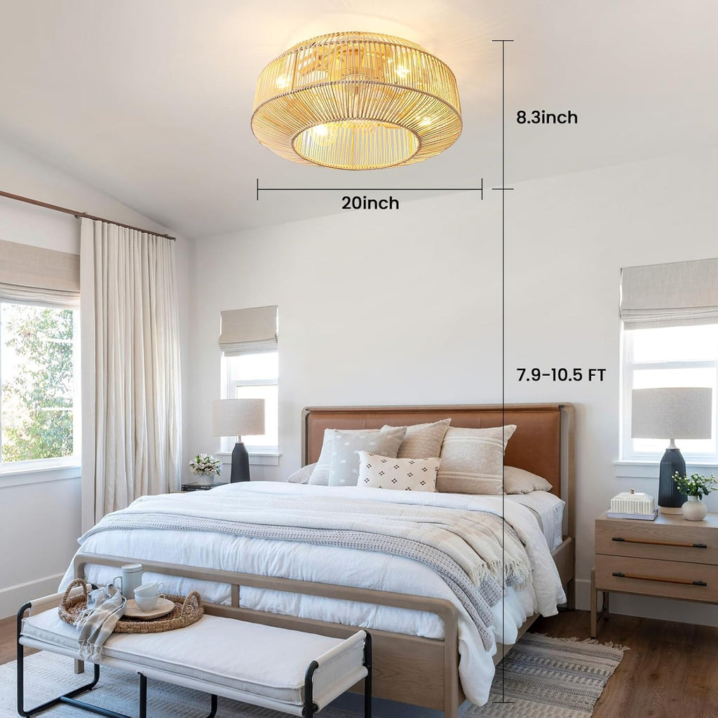20' Boho Rattan Ceiling Fan with Lights, Flush Mount Caged Ceiling Fan with Remote, 6 Speed, Timing, Reversible Blades Enclosed Farmhouse Fan Lights for Bedroom, Kitchen