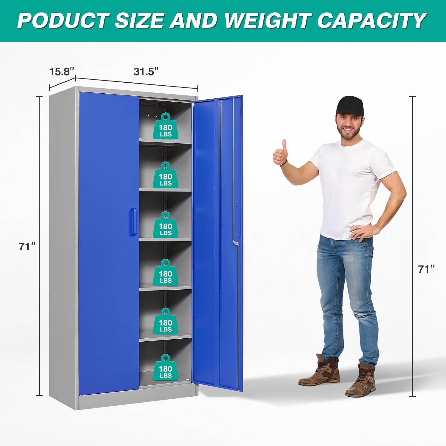Metal Cabinet with 5 Adjustable Shelves,6 Tier Garage Storage Cabinet with Lock,Gray Blue Metal Storage Cabinet with Locking Doors,Steel Cabinets,71' Lockable Storage Cabinets for Home,Office,Garage
