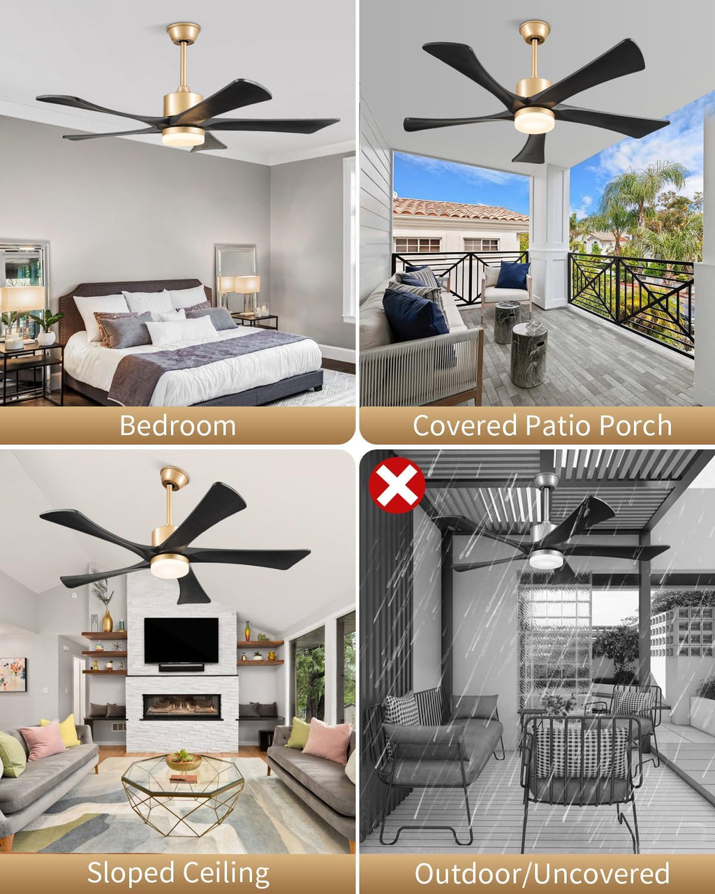 52' Black and Gold Ceiling Fan with Lights and Remote, Indoor/Outdoor Ceiling Fan for Patios, USA Original Patent, ETL Listed, 3 Downrod, 5 Blades, 6 Speeds Reversible DC Motor Fan, 52', Gold Black