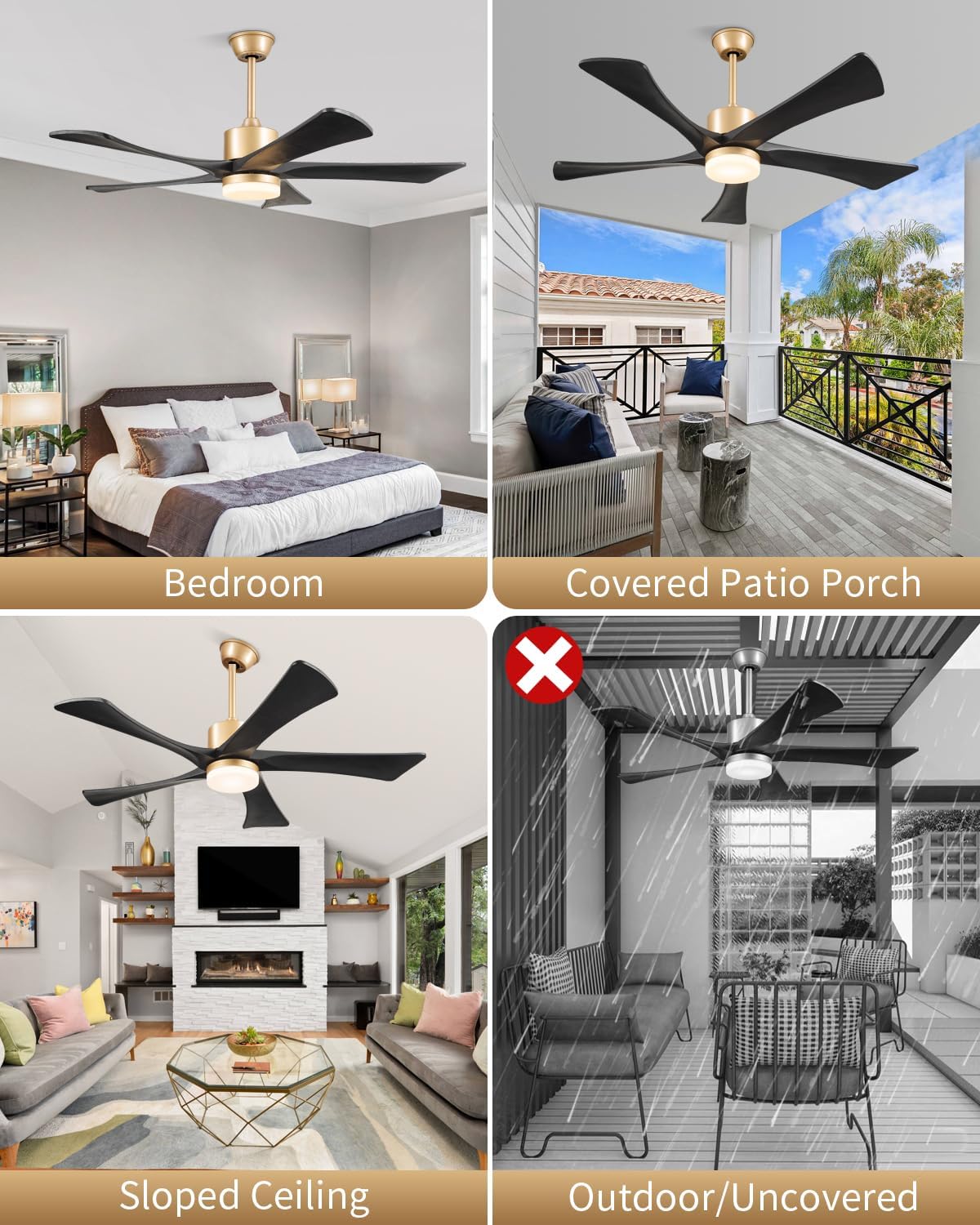 52' Black and Gold Ceiling Fan with Lights and Remote, Indoor/Outdoor Ceiling Fan for Patios, USA Original Patent, ETL Listed, 3 Downrod, 5 Blades, 6 Speeds Reversible DC Motor Fan, 52', Gold Black