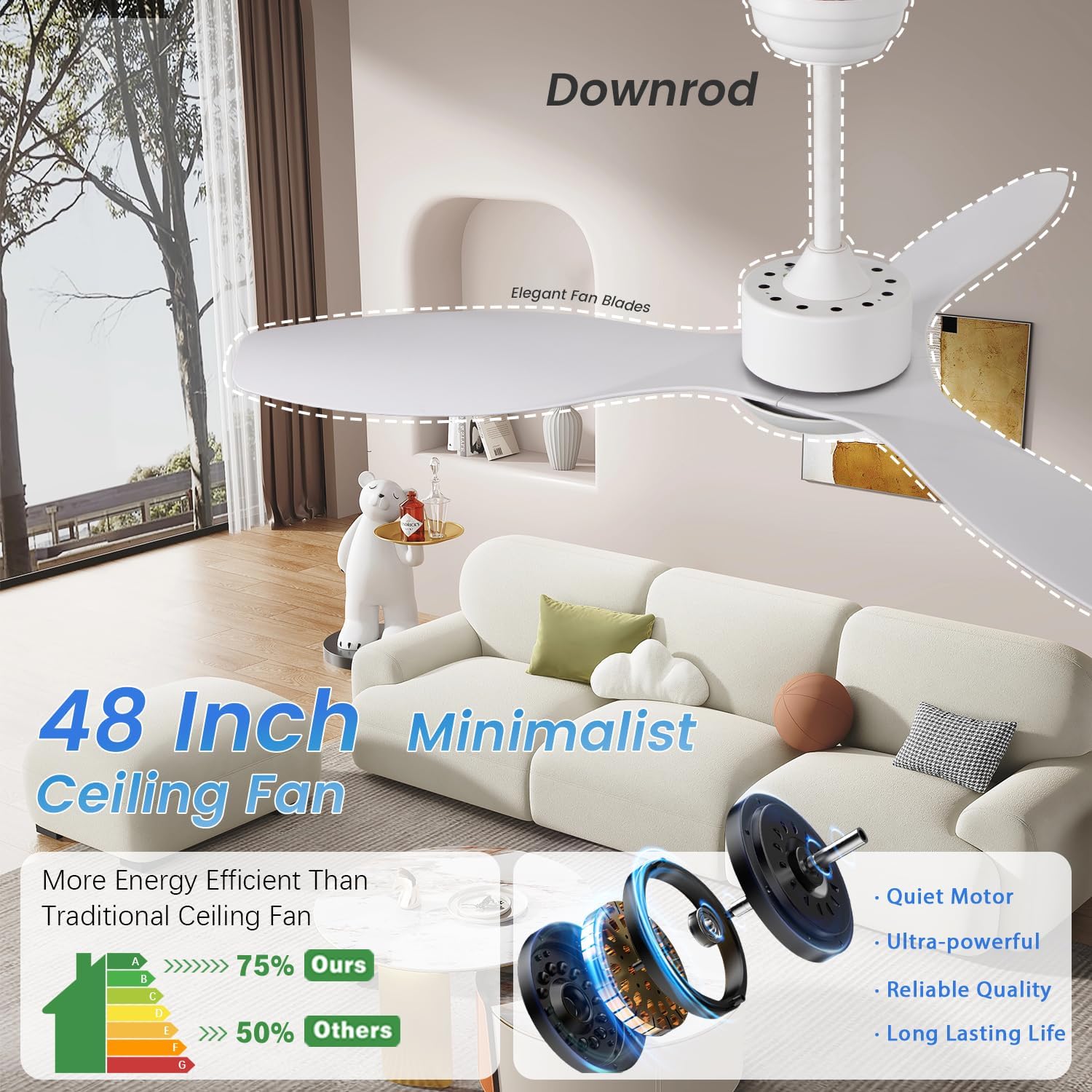 48 inch White Ceiling Fans with Lights and Remote, Modern Ceiling Fan with 3 Blades, Quiet Reversible DC Motor, 3 Color Dimmable Lights,6 Speed, for Bedroom Living Room Indoor Outdoor Patios