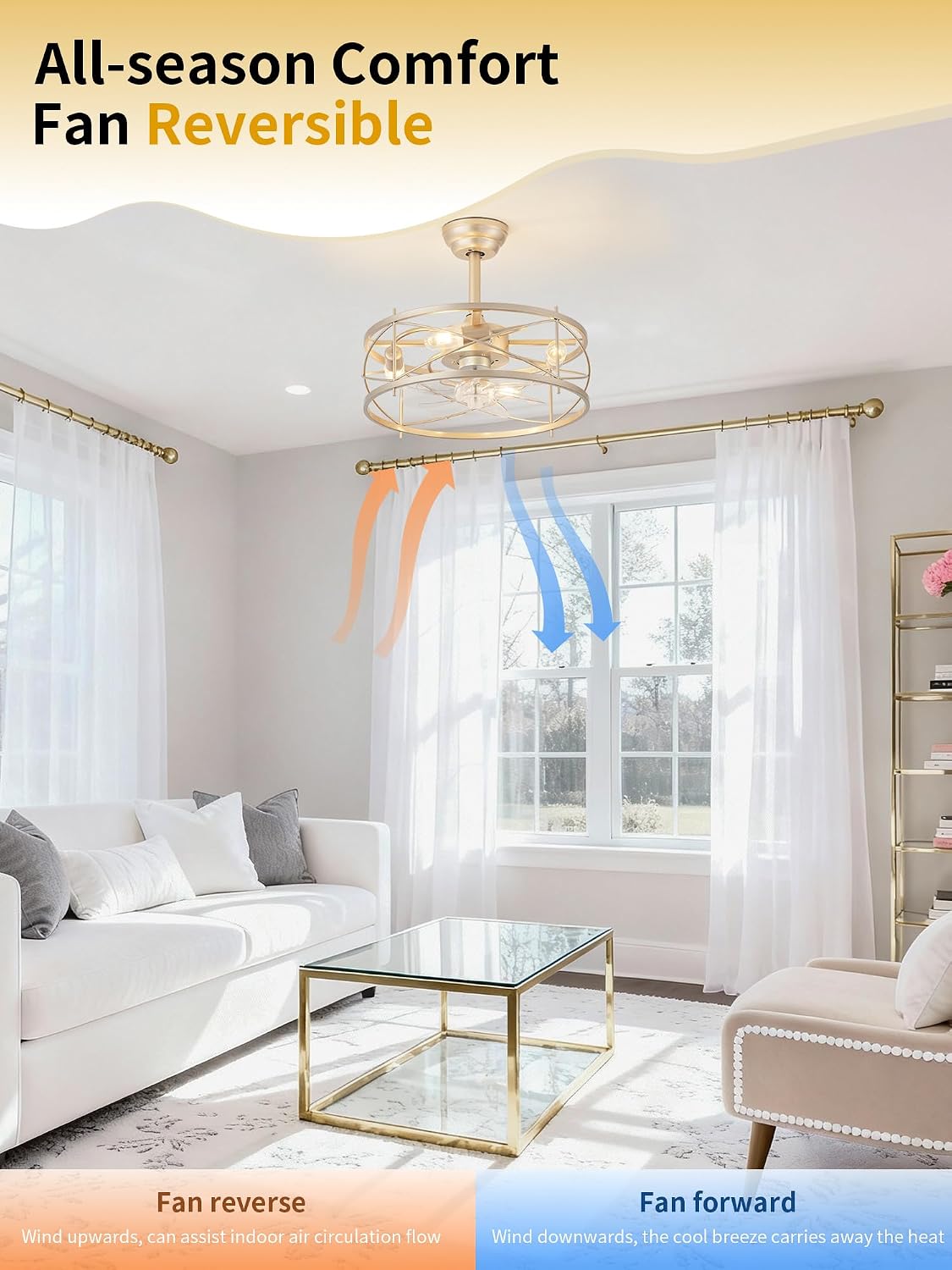 20' Farmhouse Fandelier Ceiling Fan with Light, Caged Bladeless Ceiling Fans with Lights and Remote, Rustic Small Enclosed with 6 Speeds for Bedroom, Kitchen, Living Room, Gold