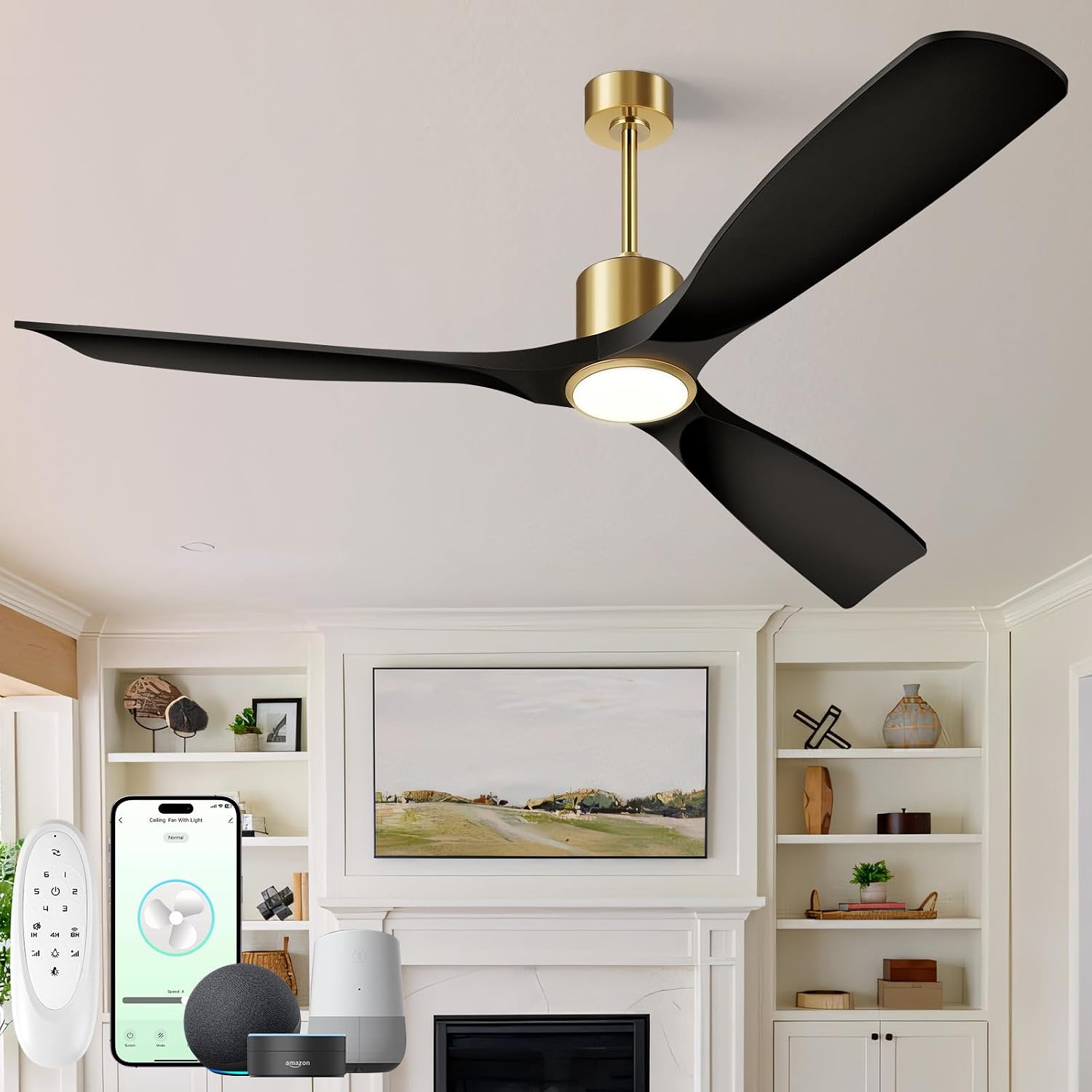Ceiling Fans with Lights, Ceiling Fans with Lights and Remote Control, 60 inch Ceiling Fan with Light, Outdoor Ceiling Fans for Patios 3 Blade Bedroom Living Room-Matte Black and Gold
