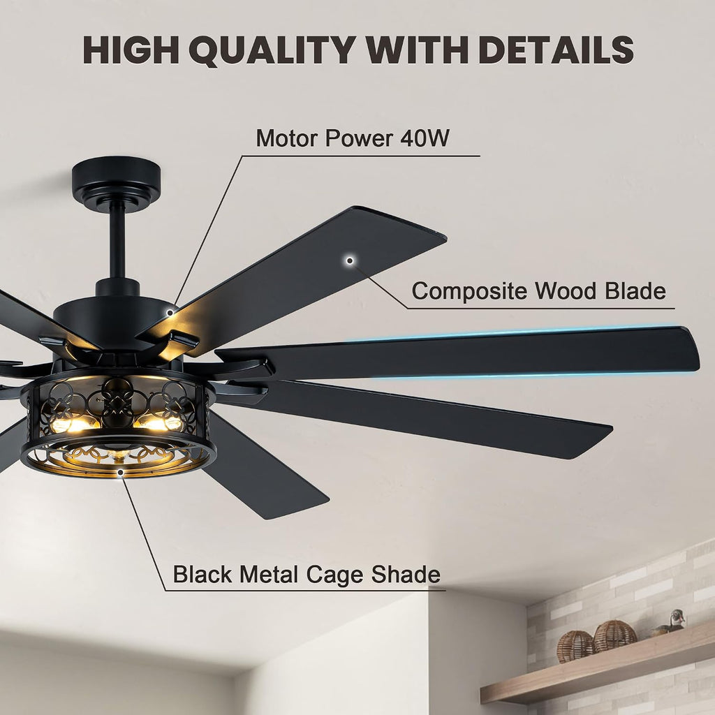 Dawn Whisper 72 Inch Ceiling Fans with Lights Black Farmhouse Ceiling Fan with Remote Quiet Reversible DC Motor 6 Speeds 8 Blades