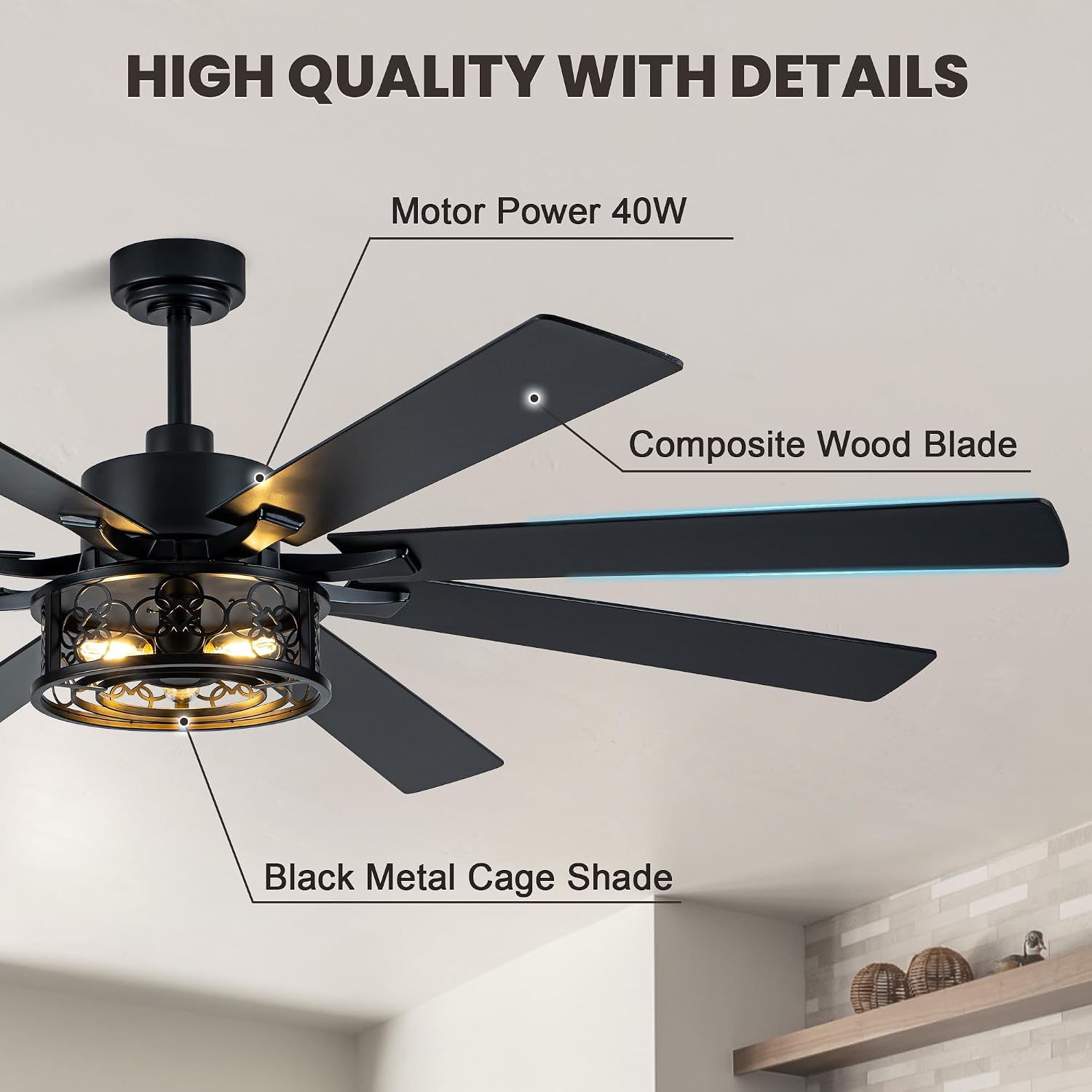 Dawn Whisper 72 Inch Ceiling Fans with Lights Black Farmhouse Ceiling Fan with Remote Quiet Reversible DC Motor 6 Speeds 8 Blades