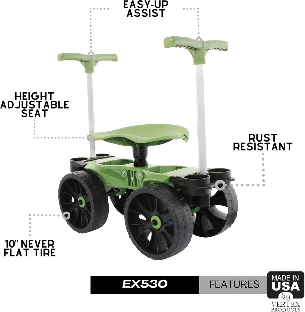 TheXceptional Wheelie Easy-Up | Wheeled Garden Stool with Handles Relieve Pain Getting Up and Down | Gardening Work-Seat with Wheels for Elderly Seniors | Made in USA by Vertex | Model EX530