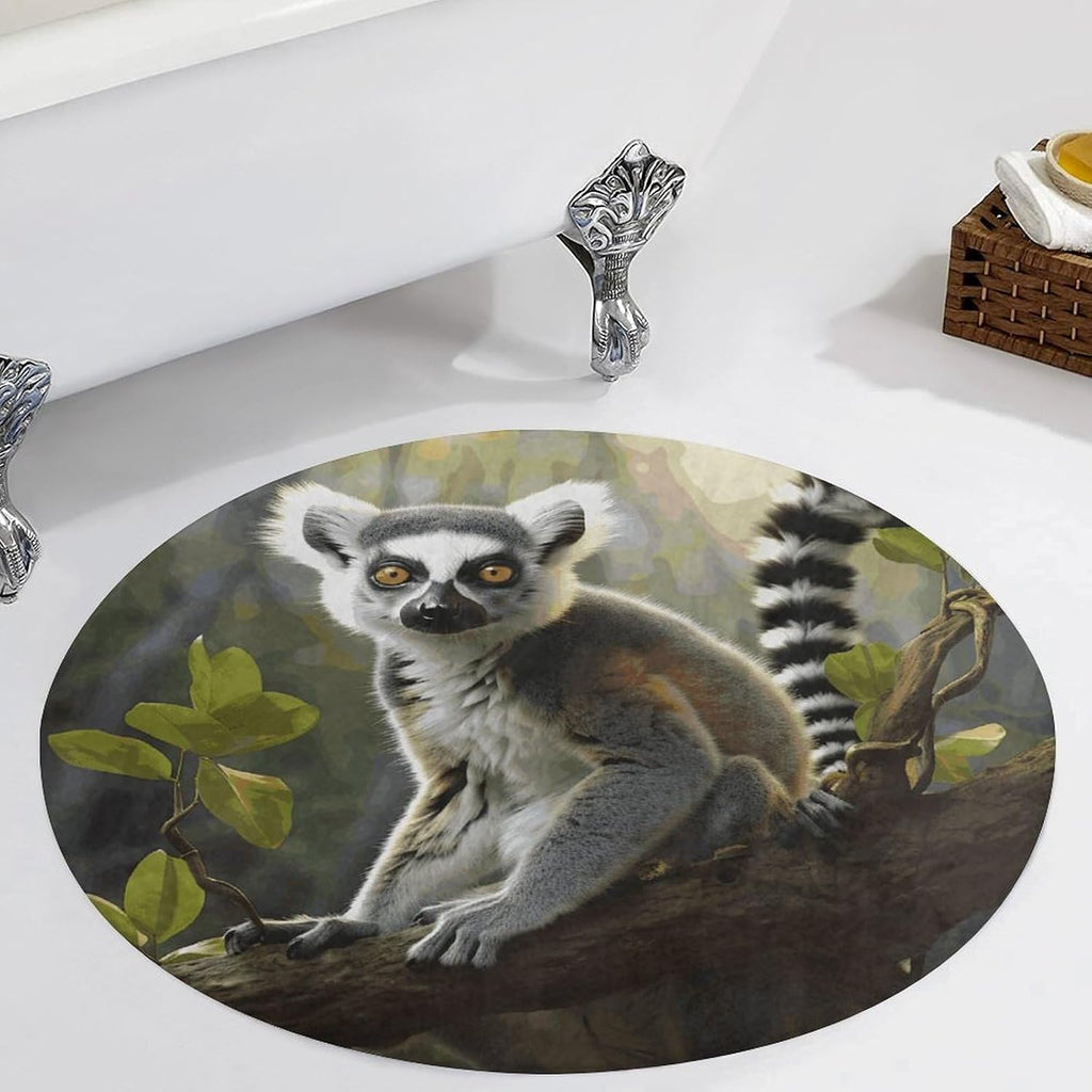 Tailed Lemur Coral Velvet Round Floor Mat Non-Slip Bath Rug Floor Covering for Bathroom Vanity Guest Suite & Vacation Home