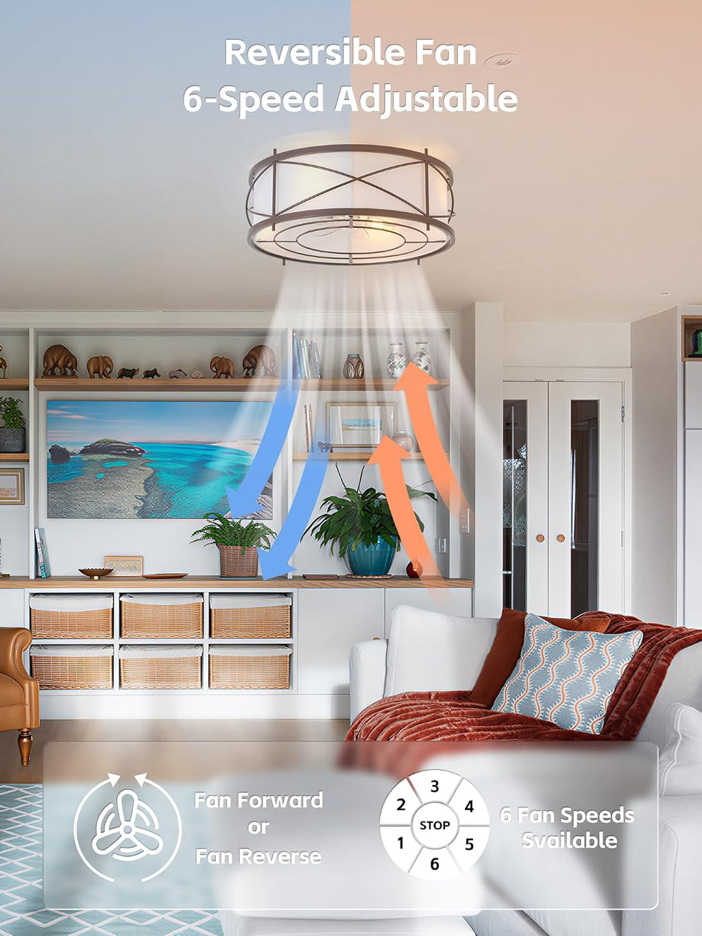 Brown Flush Mount Farmhouse Ceiling Fan with Lights, 20' Caged Rustic Ceiling Fans with Light and Remote, Enclosed with 6 Speeds for Living Room, Bedroom, Nursery