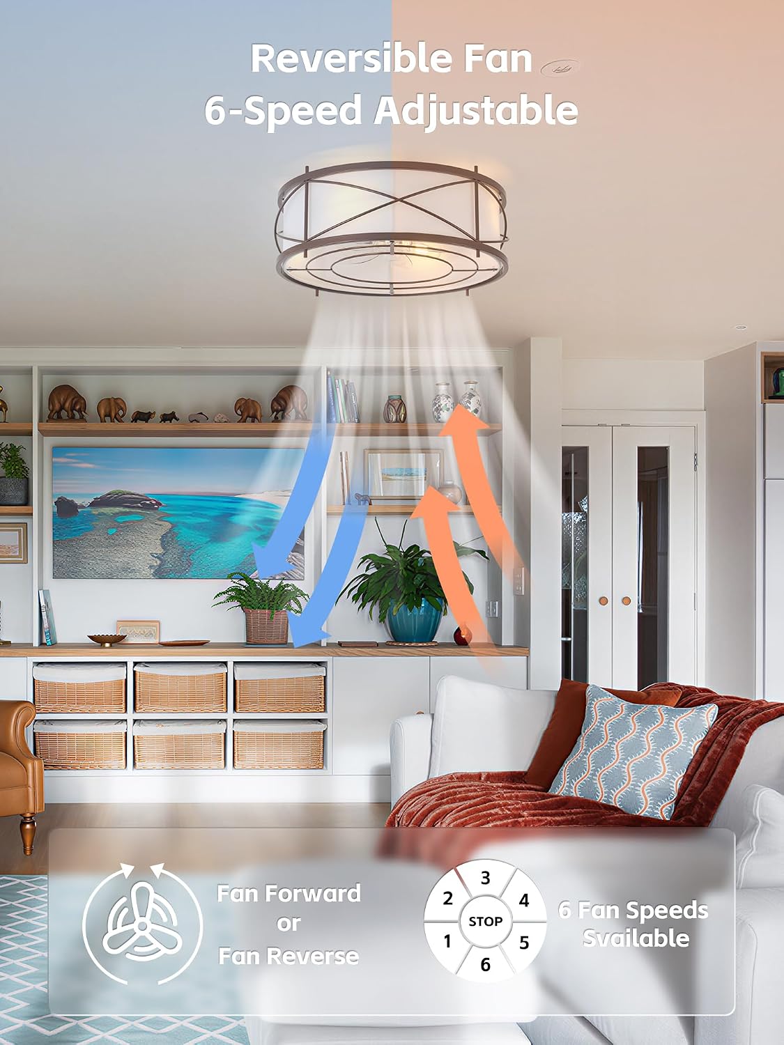 Brown Flush Mount Farmhouse Ceiling Fan with Lights, 20' Caged Rustic Ceiling Fans with Light and Remote, Enclosed with 6 Speeds for Living Room, Bedroom, Nursery