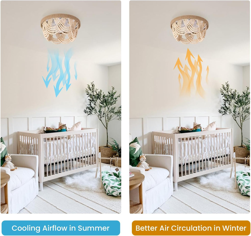 20' Boho Ceiling Fan with Light, Coastal Fandelier Ceiling Fans with Lights and Remote Control,Caged Wood Beaded Flush Mount with 6 Speeds for Living Room Bedroom Nursery