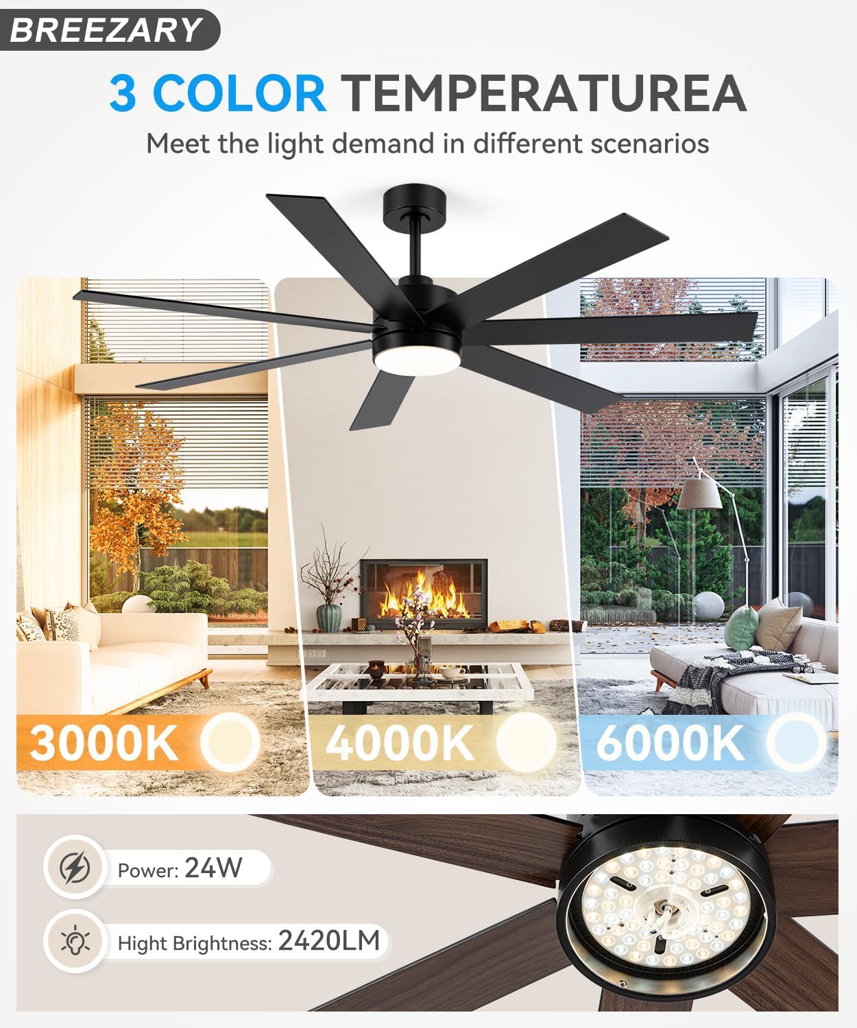 Farmhouse Ceiling Fans with Lights and Remote, 62 Inch Industrial Black Ceiling Fans with 6-Speed Reversible DC Motor, 3 CCT, Dual Finish 7 Blades, Indoor/Outdoor Ceiling Fan for Patio Bedroom