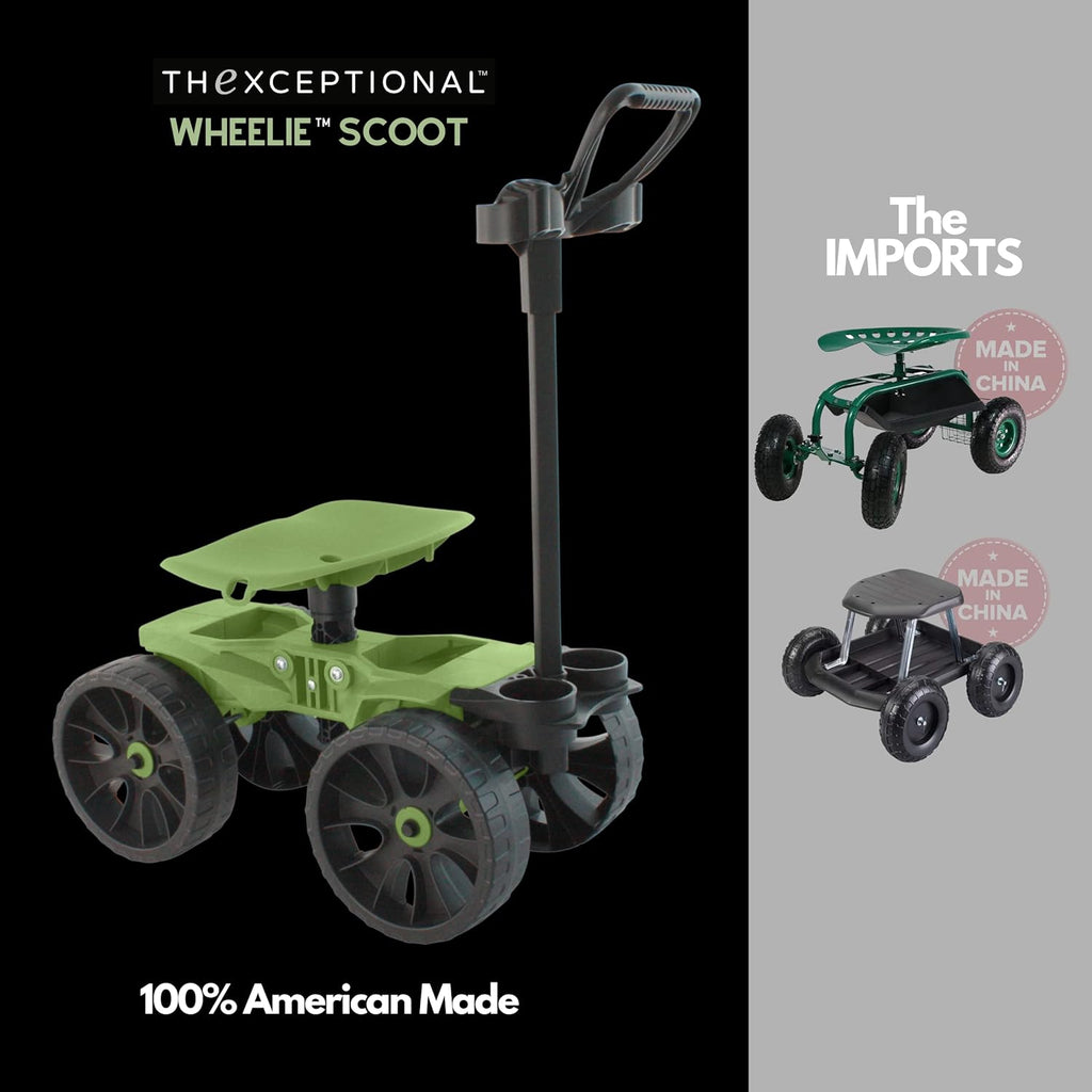 TheXceptional Wheelie with Tool Toter Handle | American Made Rolling Scoot and Tool Rack | Garden Cart with Seat | Made in USA by Vertex | Model EX540