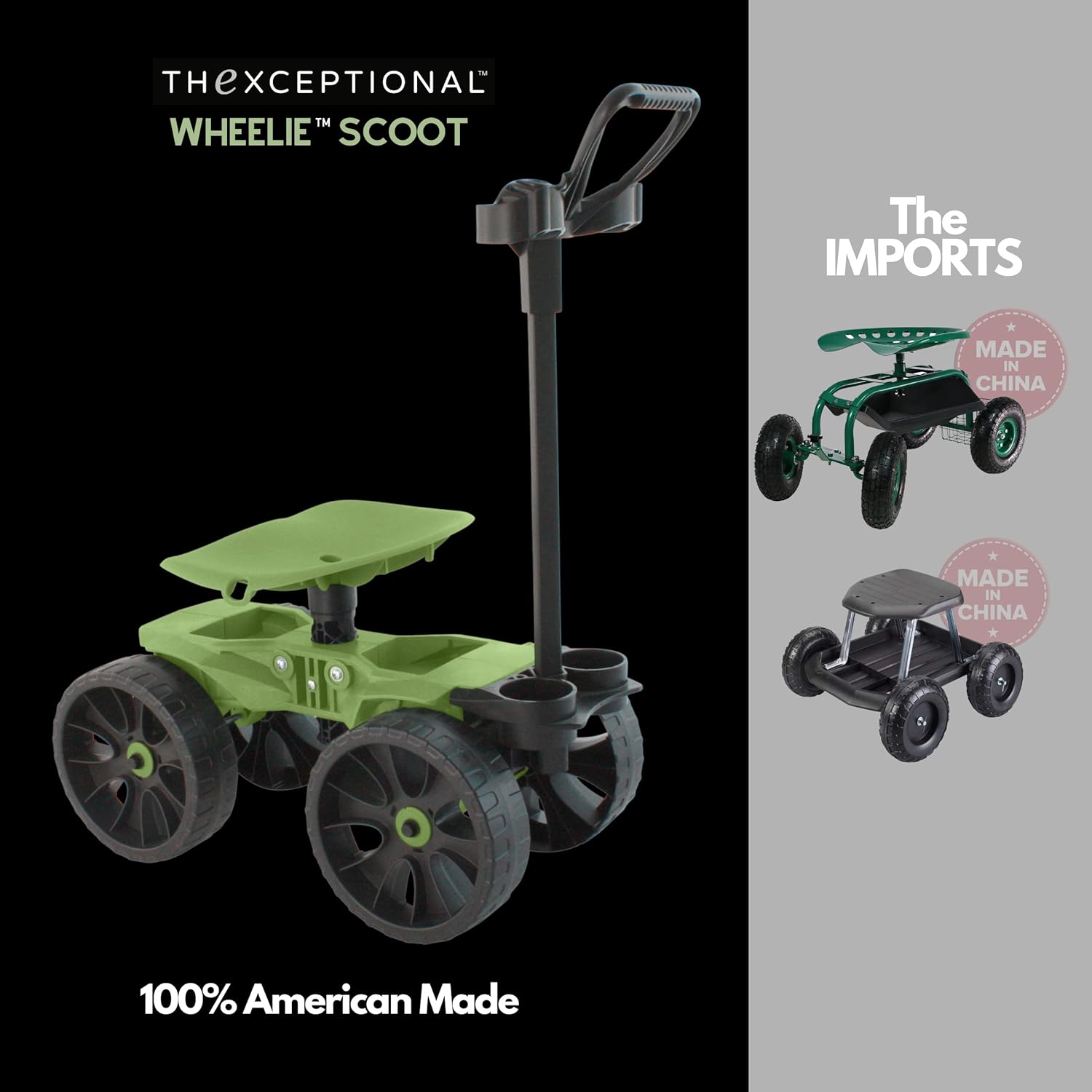 TheXceptional Wheelie with Tool Toter Handle | American Made Rolling Scoot and Tool Rack | Garden Cart with Seat | Made in USA by Vertex | Model EX540