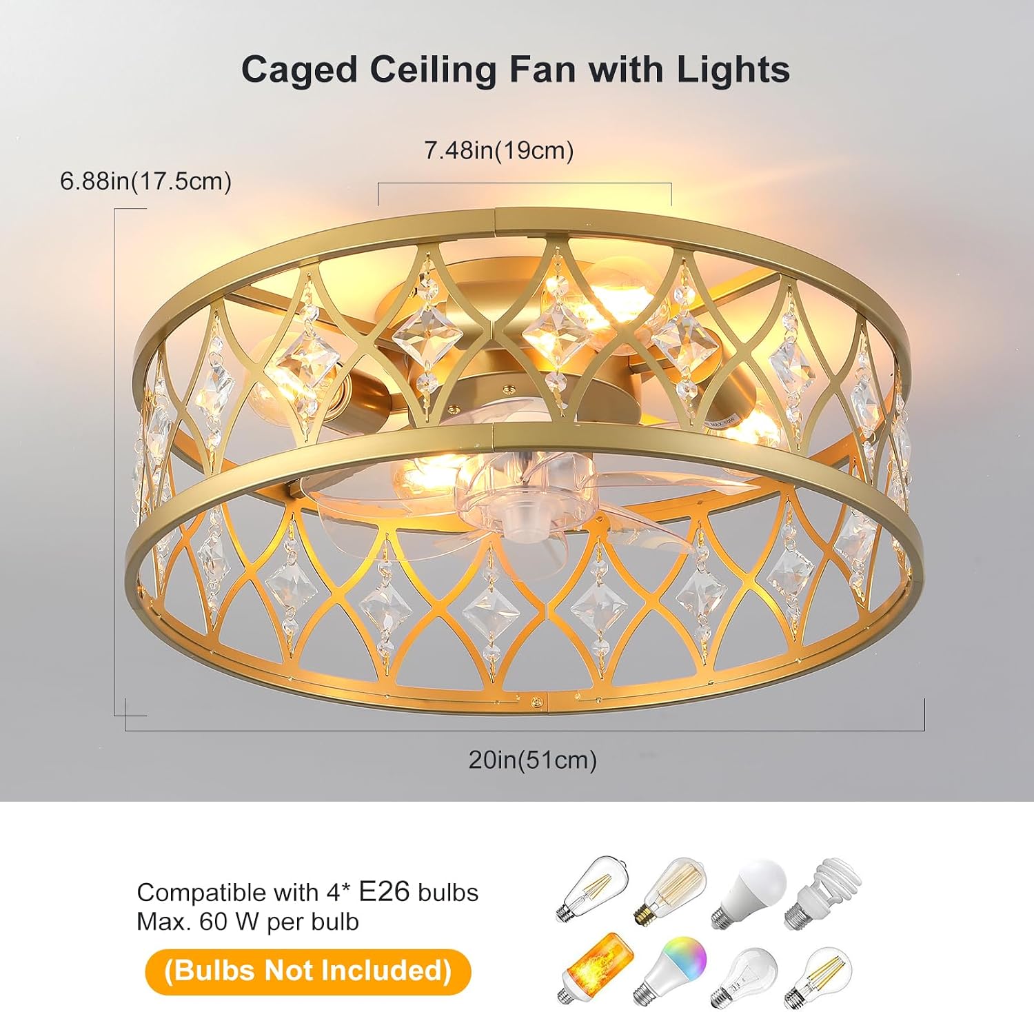 Garwarm Caged Ceiling Fan with Light,20' Ceiling Fans with Lights and Remote,Bladeless Fandelier Small Low Profile Ceiling Fan Light Fixture for Bedroom,Kitchen,Dining Room,Gold