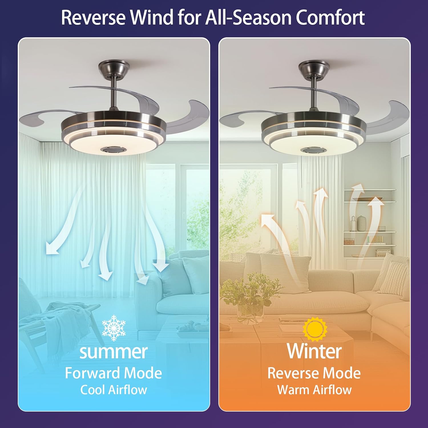 42 Inch RGB Retractable Ceiling Fan with Light, Reversible,Dimmable,Ultra-Quiet Invisible Chandelier Fan with Speaker for Kids Room Living Room Dinner Room,Brushed Nickel