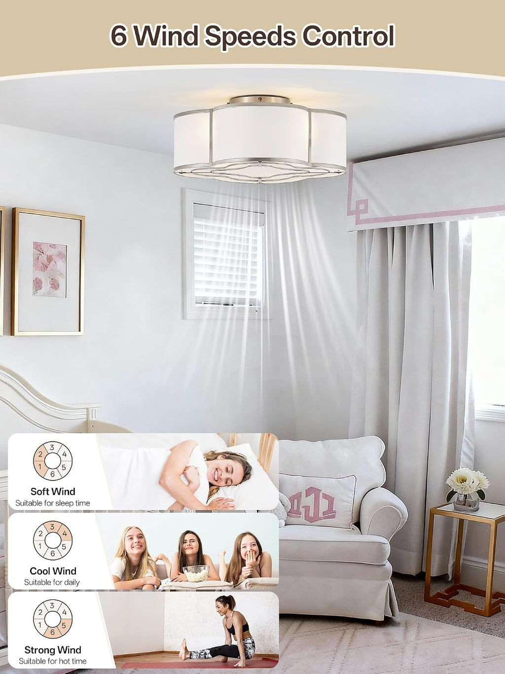 Sliver Caged Boho Ceiling Fan with Lights, 20' Flush Mount Ceiling Fans with Lights Remote Control, Low Profile Bladeless with 6 Speeds for Bedroom, Nursery, Kitchen