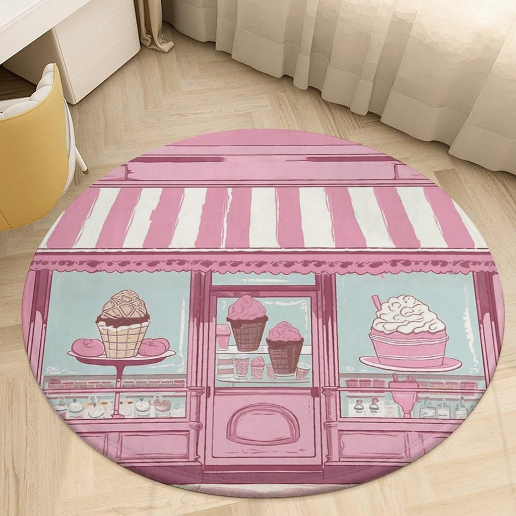 Ice Cream Store Pink Coral Velvet Round Floor Mat Non-Slip Bath Rug Floor Covering for Bathroom Vanity Guest Suite & Vacation Home