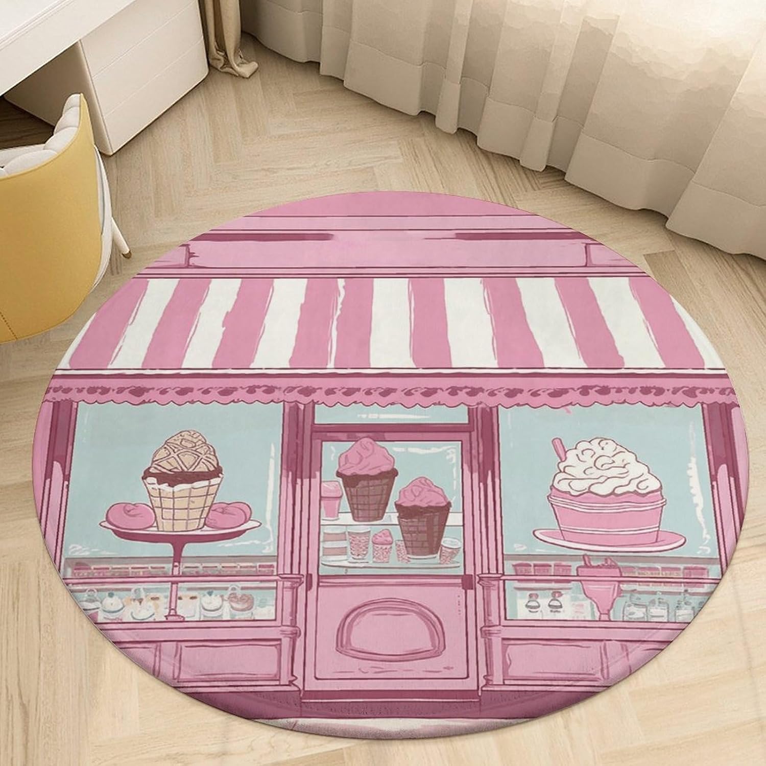 Ice Cream Store Pink Coral Velvet Round Floor Mat Non-Slip Bath Rug Floor Covering for Bathroom Vanity Guest Suite & Vacation Home
