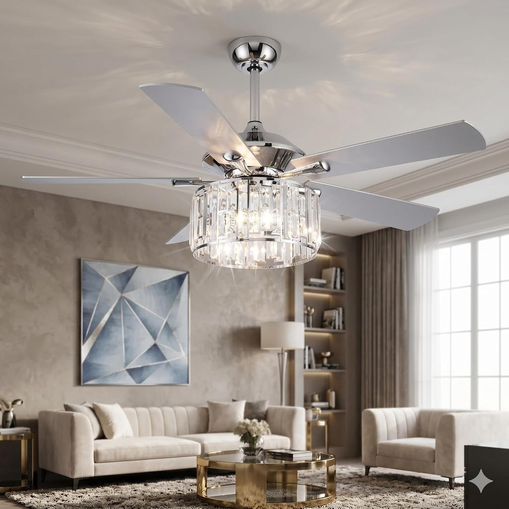 Parrot Uncle Ceiling Fans with Lights and Remote 52 Inch Ceiling Fan with Light for Bedroom Crystal Chandelier Outdoor Ceiling Fans for Patios Covered, Silver