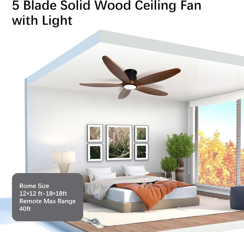 Ceiling Fan with Lights, 52Inch Flush Mount Ceiling Fan with Remote Control, 5 Wood Blades, DC Motor,3CCT,Walnut Wooden Ceiling Fans for Bedroom, Living Room, Home Office,Indoor