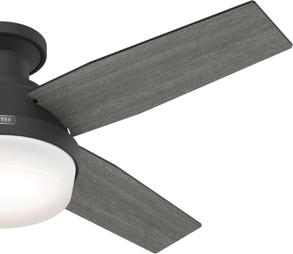 Hunter 44 inch Indoor Ceiling Fan with LED Light and Remote Control - Black Modern Ceiling Fan, Low Profile Mount, 4 Blades, For Bedroom, Living Room, or Kitchen, Quiet - Dempsey 52390, Matte Black